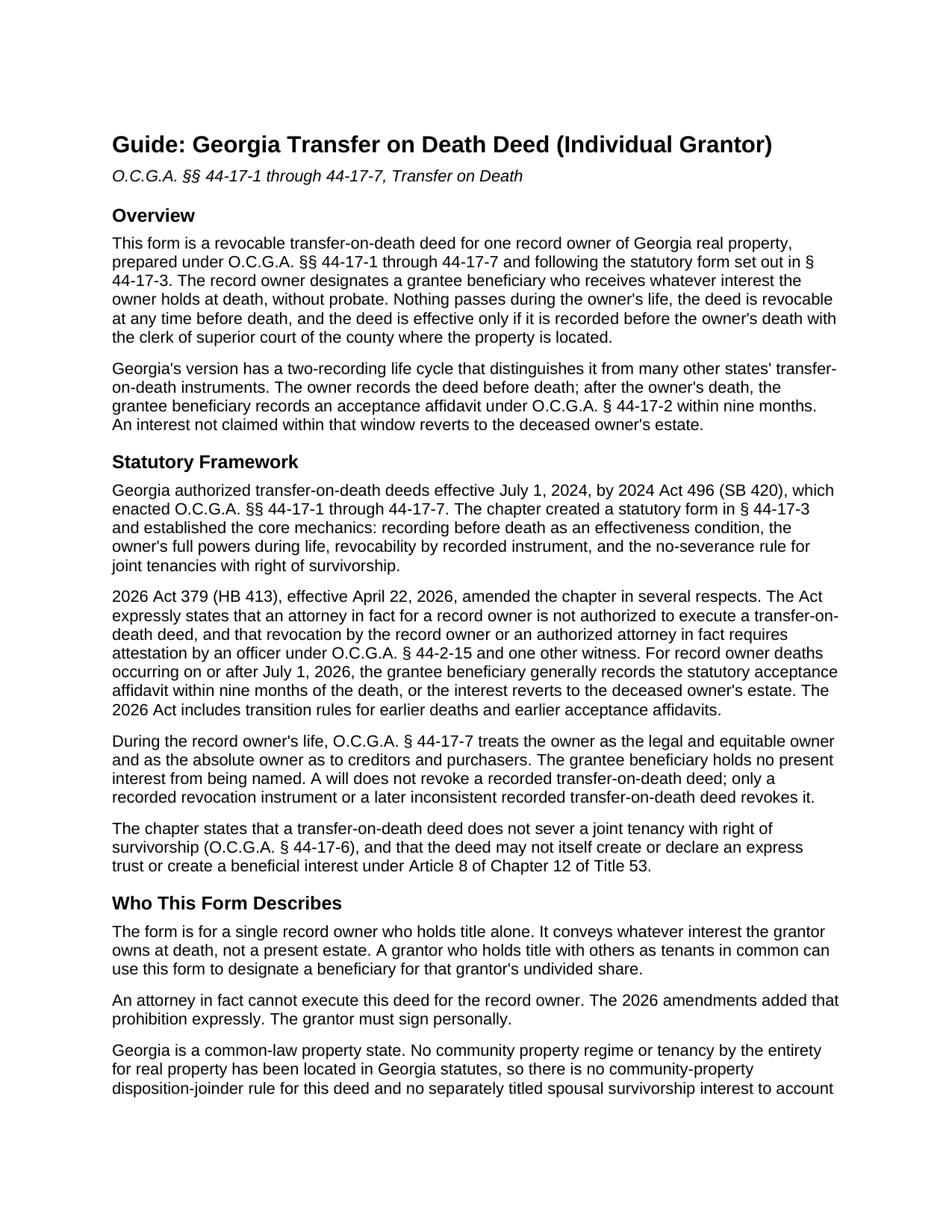 Bulloch County Transfer on Death Deed (Individual Grantor) Guide