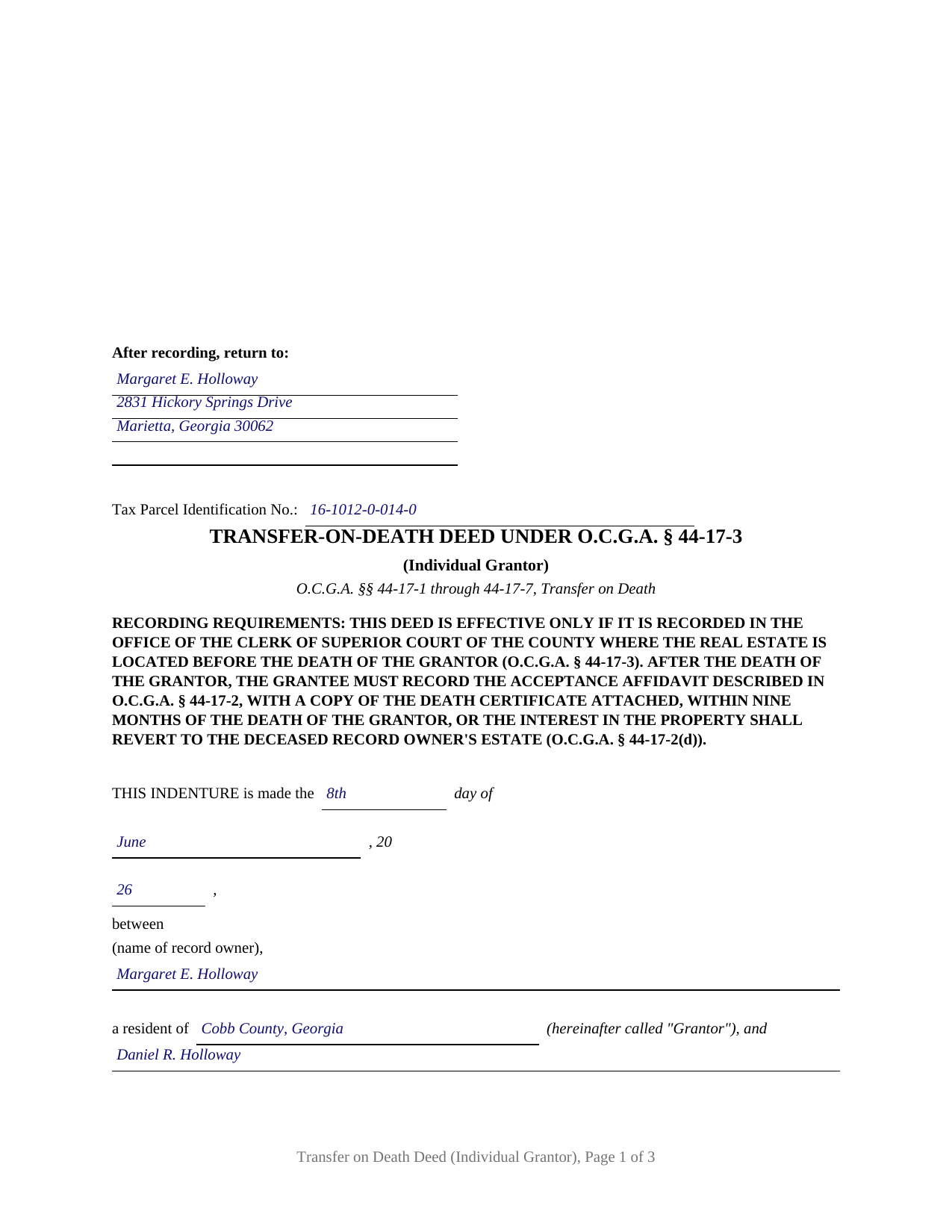 Bulloch County Completed Example of the Transfer on Death Deed (Individual Grantor) Document