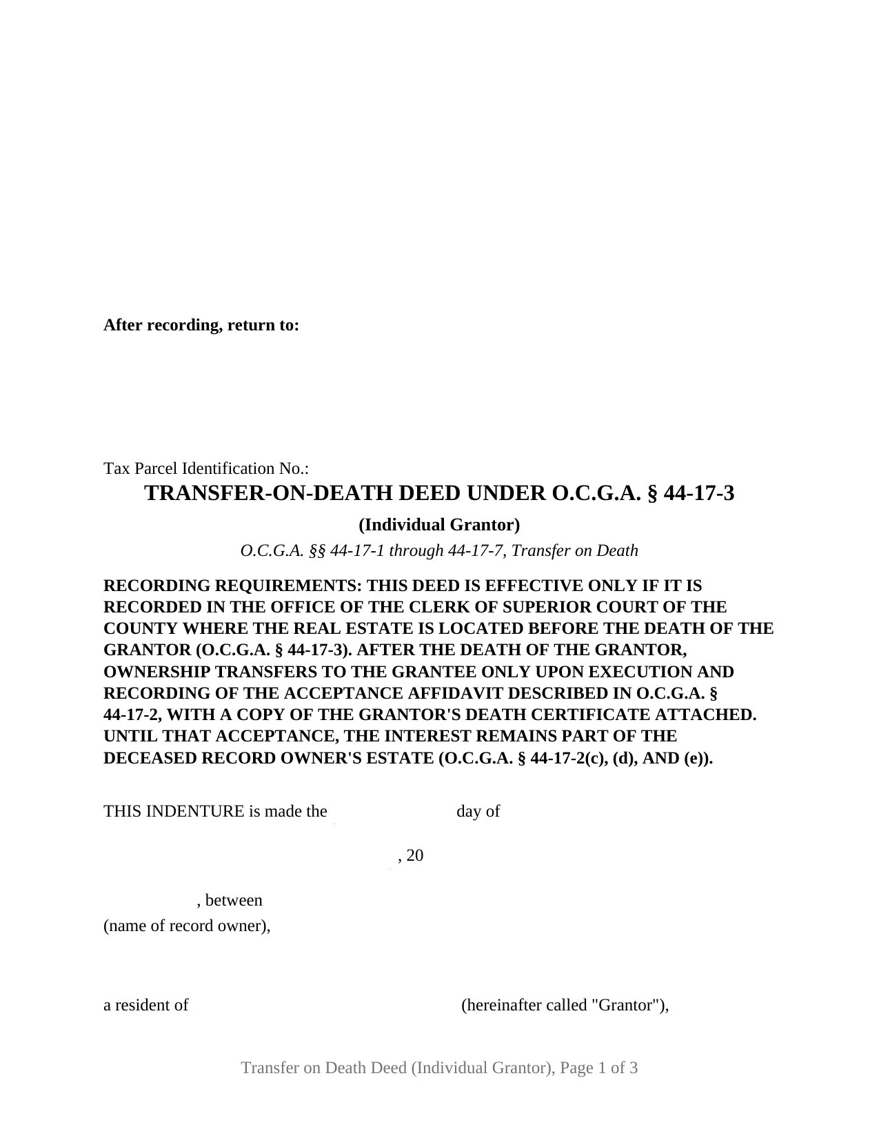 Dekalb County Transfer on Death Deed (Individual Grantor) Form