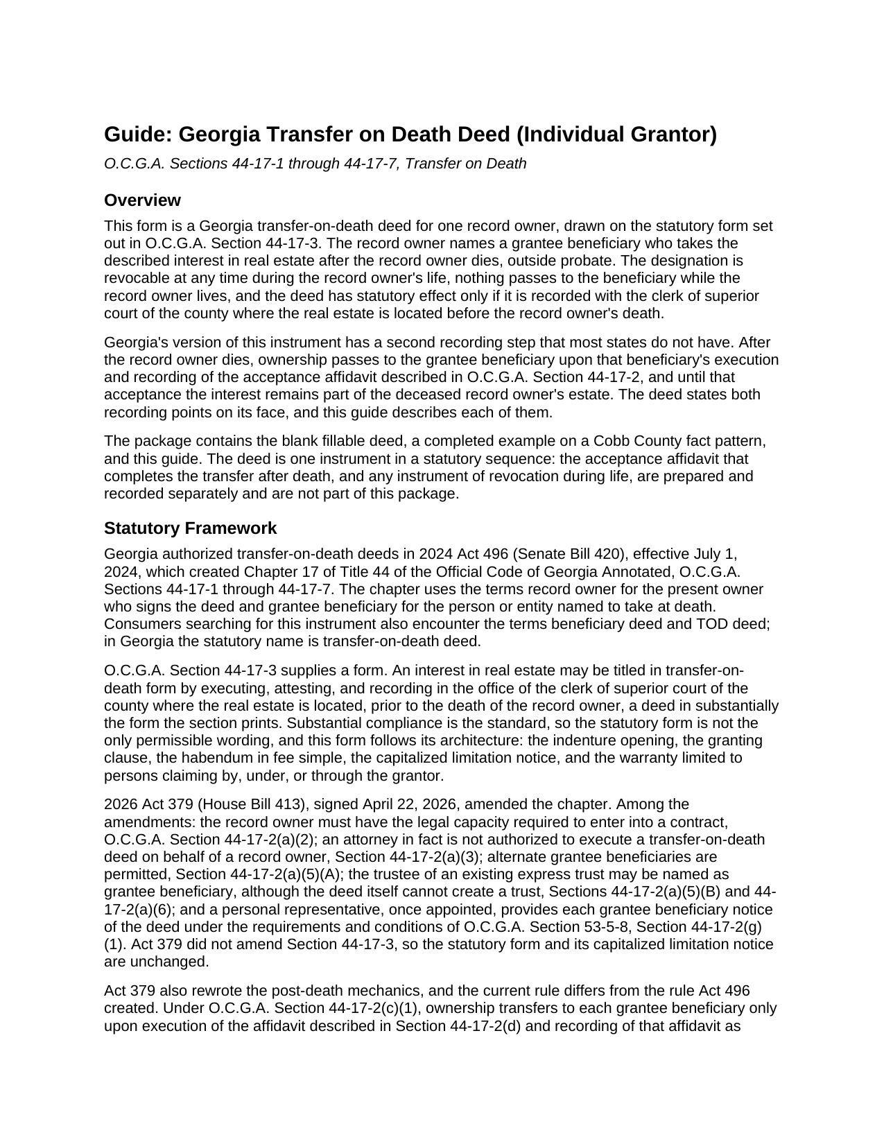 Dekalb County Transfer on Death Deed (Individual Grantor) Guide