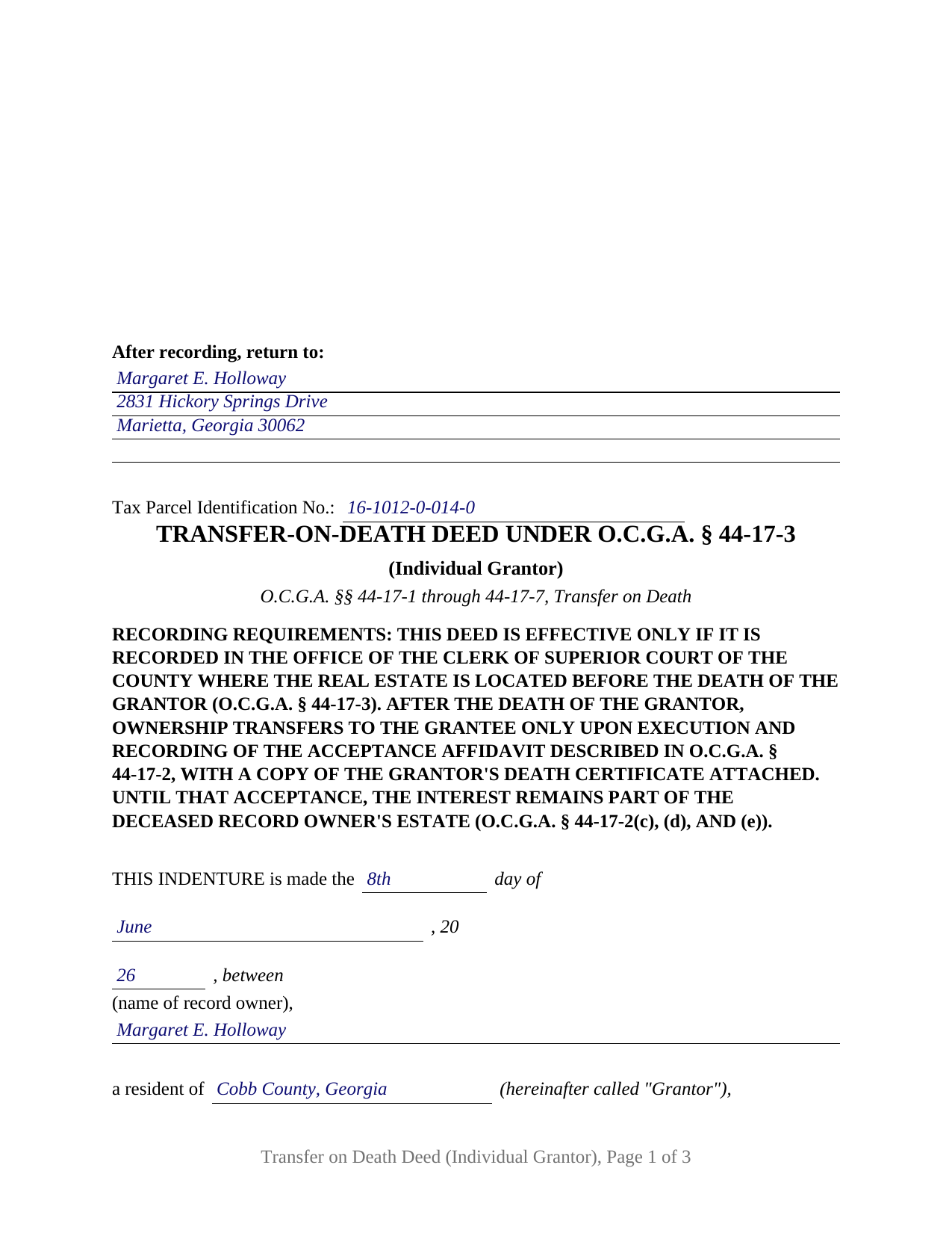 Dekalb County Completed Example of the Transfer on Death Deed (Individual Grantor) Document