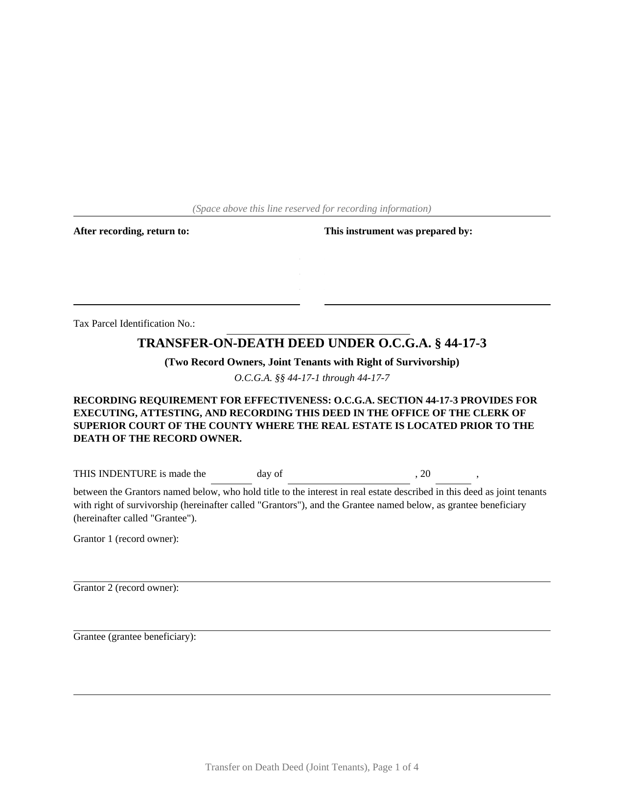 Laurens County Transfer on Death Deed (Joint Tenants with Right of Survivorship) Form