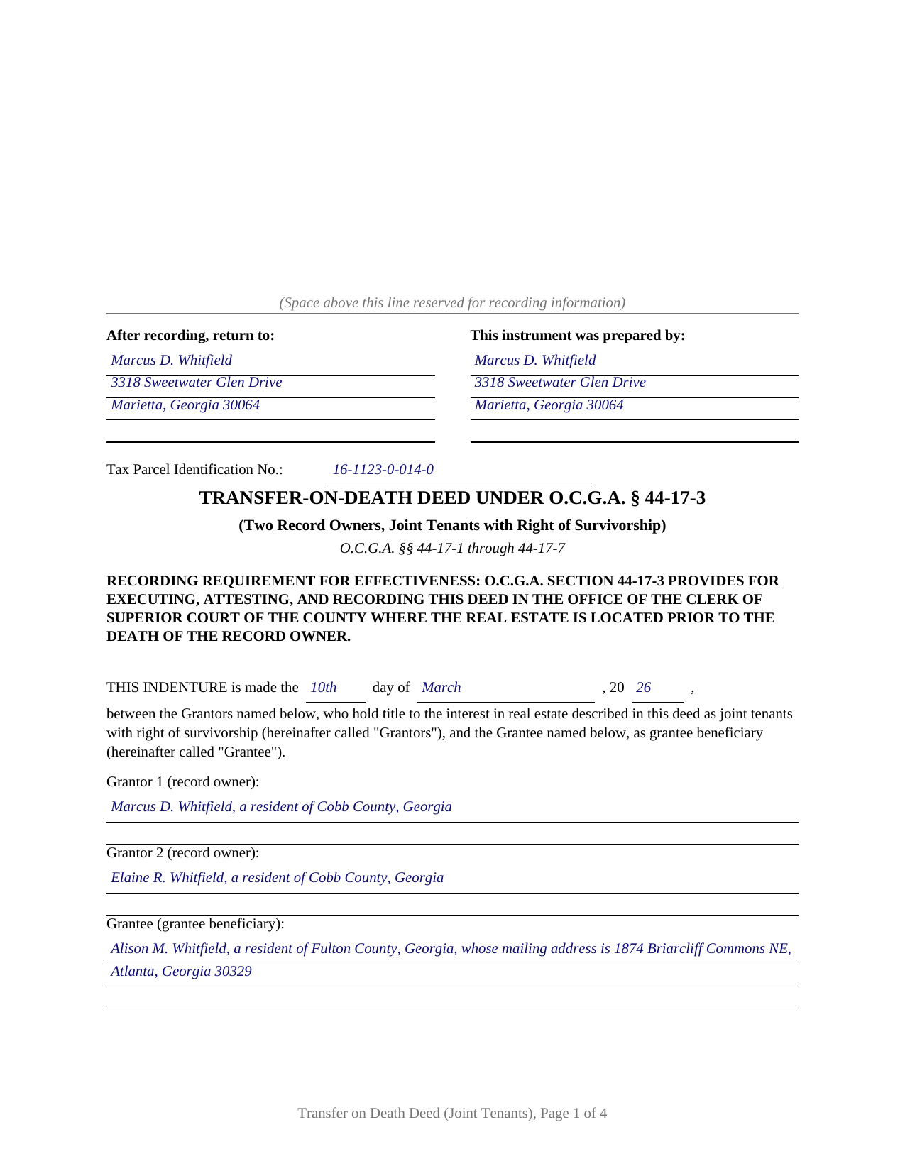 Laurens County Completed Example of the Transfer on Death Deed (Joint Tenants with Right of Survivorship) Document