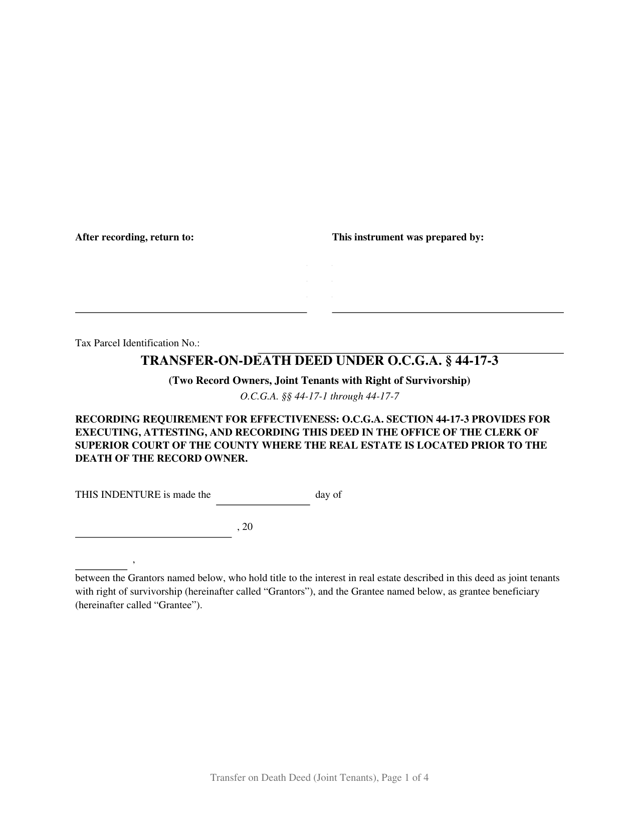 Fannin County Transfer on Death Deed (Joint Tenants with Right of Survivorship) Form