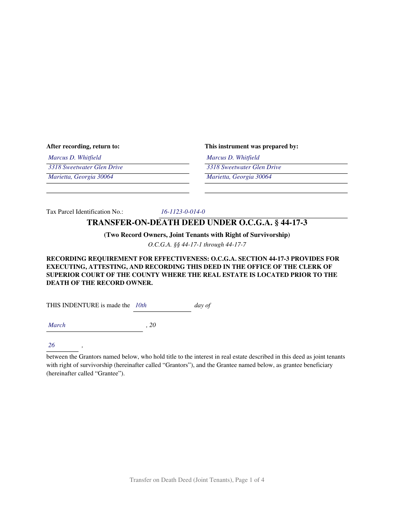 Fannin County Completed Example of the Transfer on Death Deed (Joint Tenants with Right of Survivorship) Document