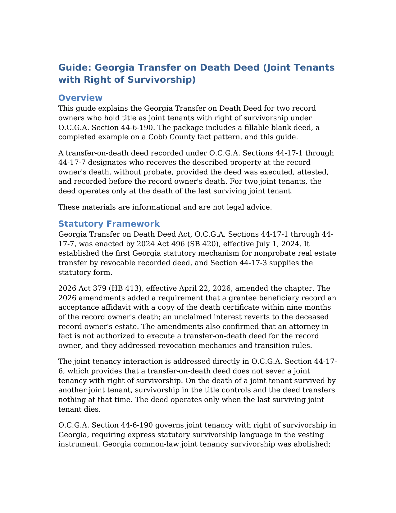 Fannin County Transfer on Death Deed (Joint Tenants with Right of Survivorship) Guide