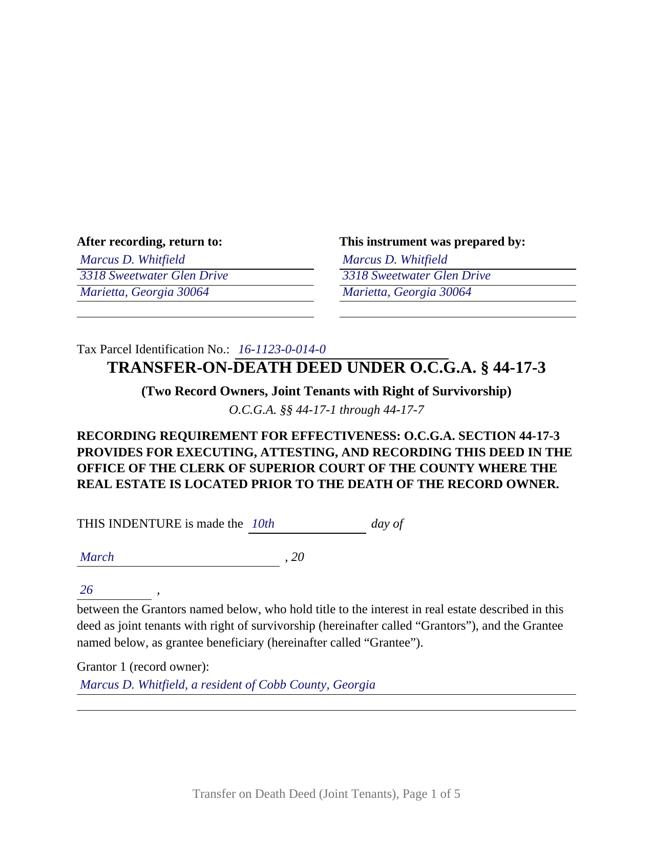 Dekalb County Completed Example of the Transfer on Death Deed (Joint Tenants with Right of Survivorship) Document