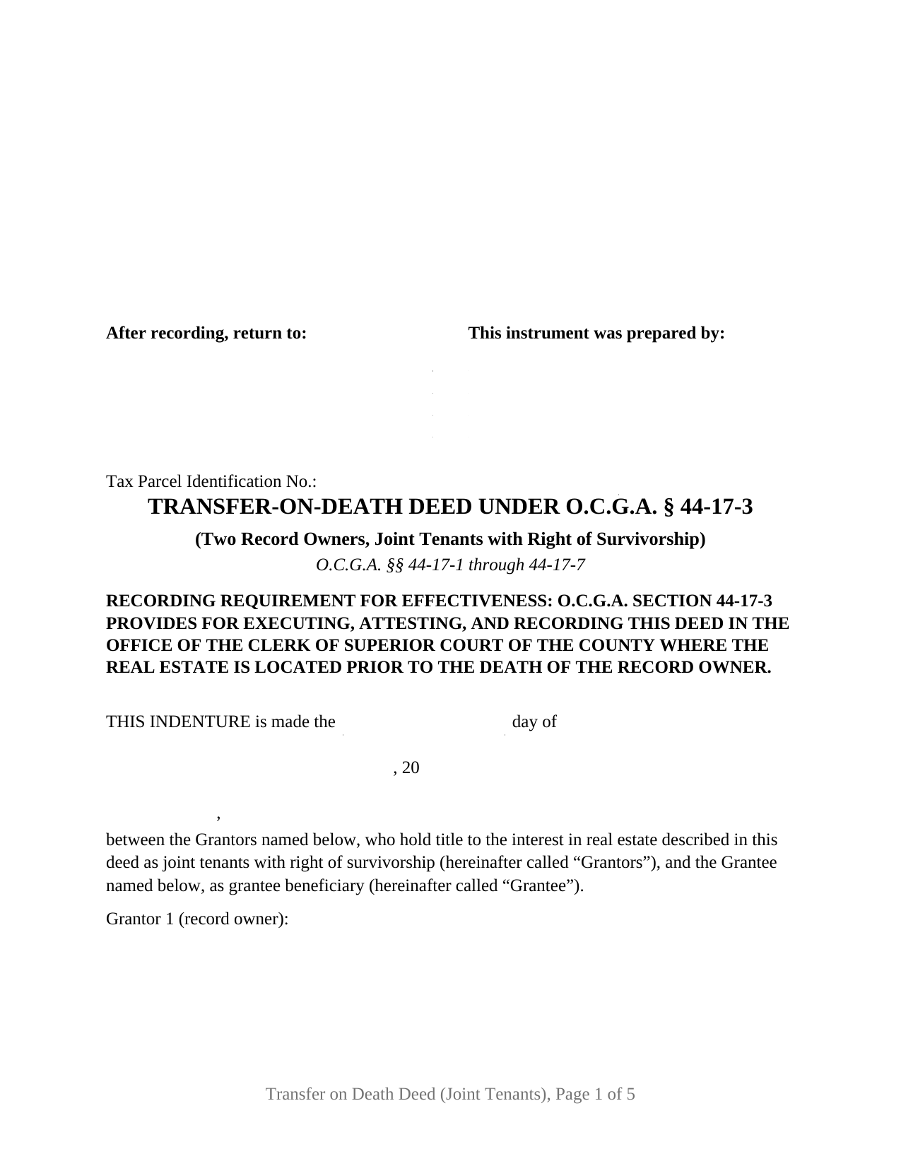 Dekalb County Transfer on Death Deed (Joint Tenants with Right of Survivorship) Form