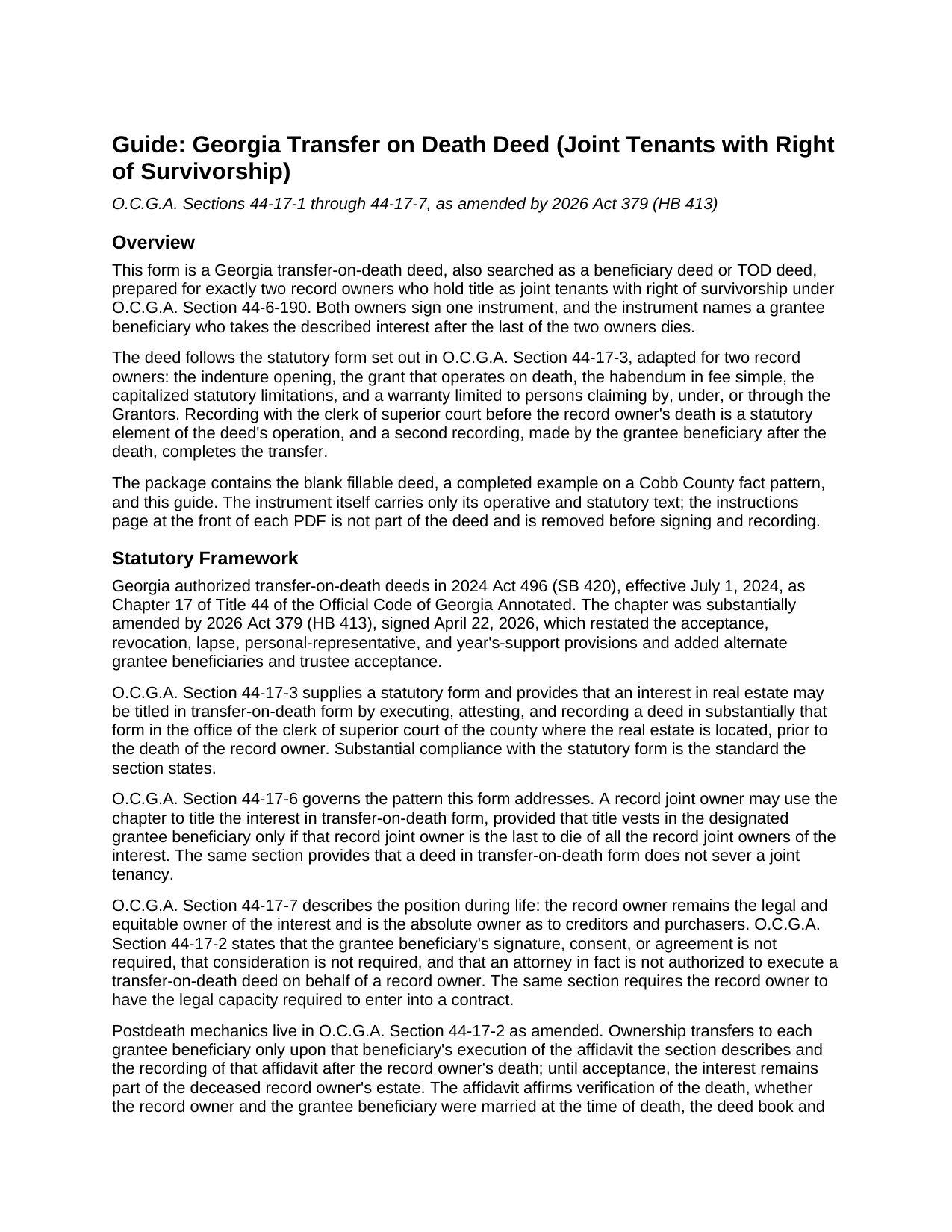 Dekalb County Transfer on Death Deed (Joint Tenants with Right of Survivorship) Guide