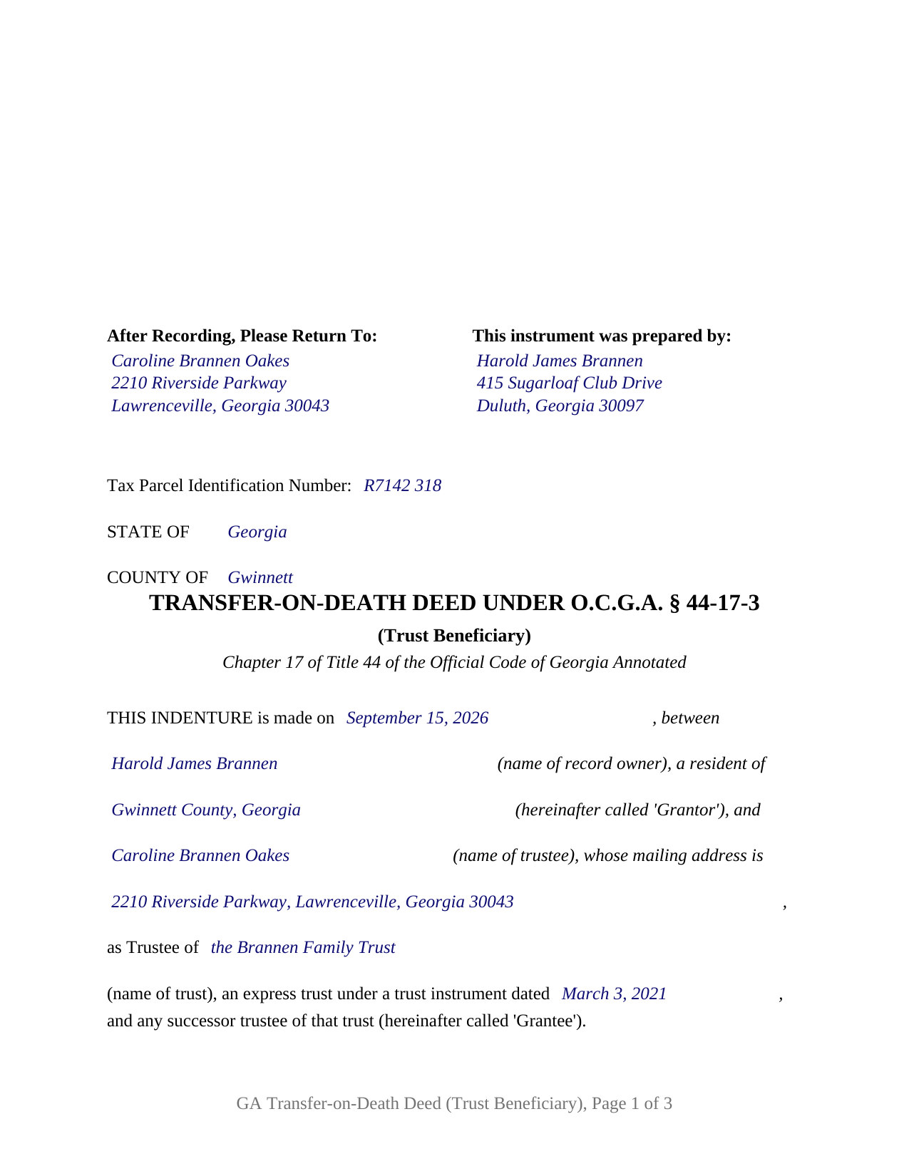 Johnson County Completed Example of the Transfer on Death Deed (Trust Beneficiary) Document