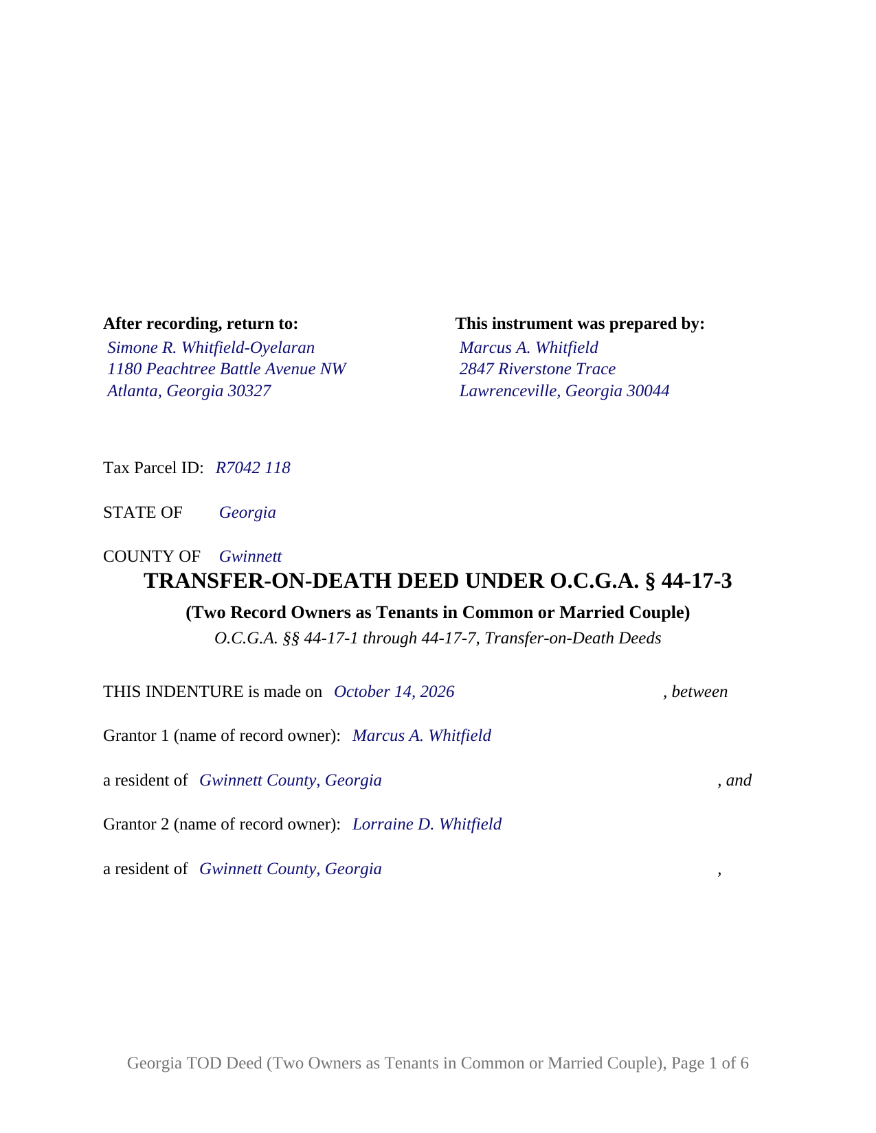Johnson County Completed Example of the Transfer on Death Deed (Two Owners as Tenants in Common or Married Couple) Document