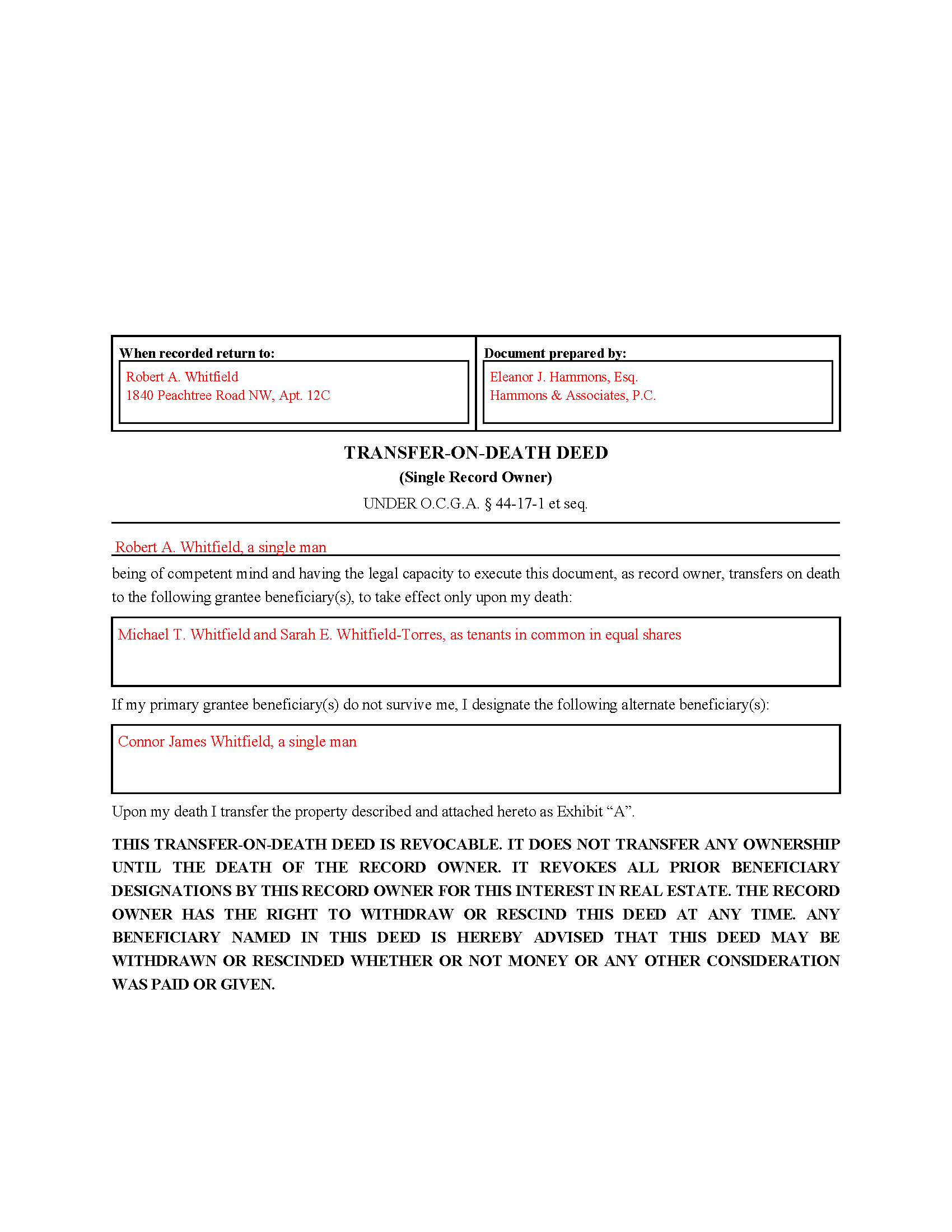 Cobb County Completed Example of the Transfer on Death Deed Document
