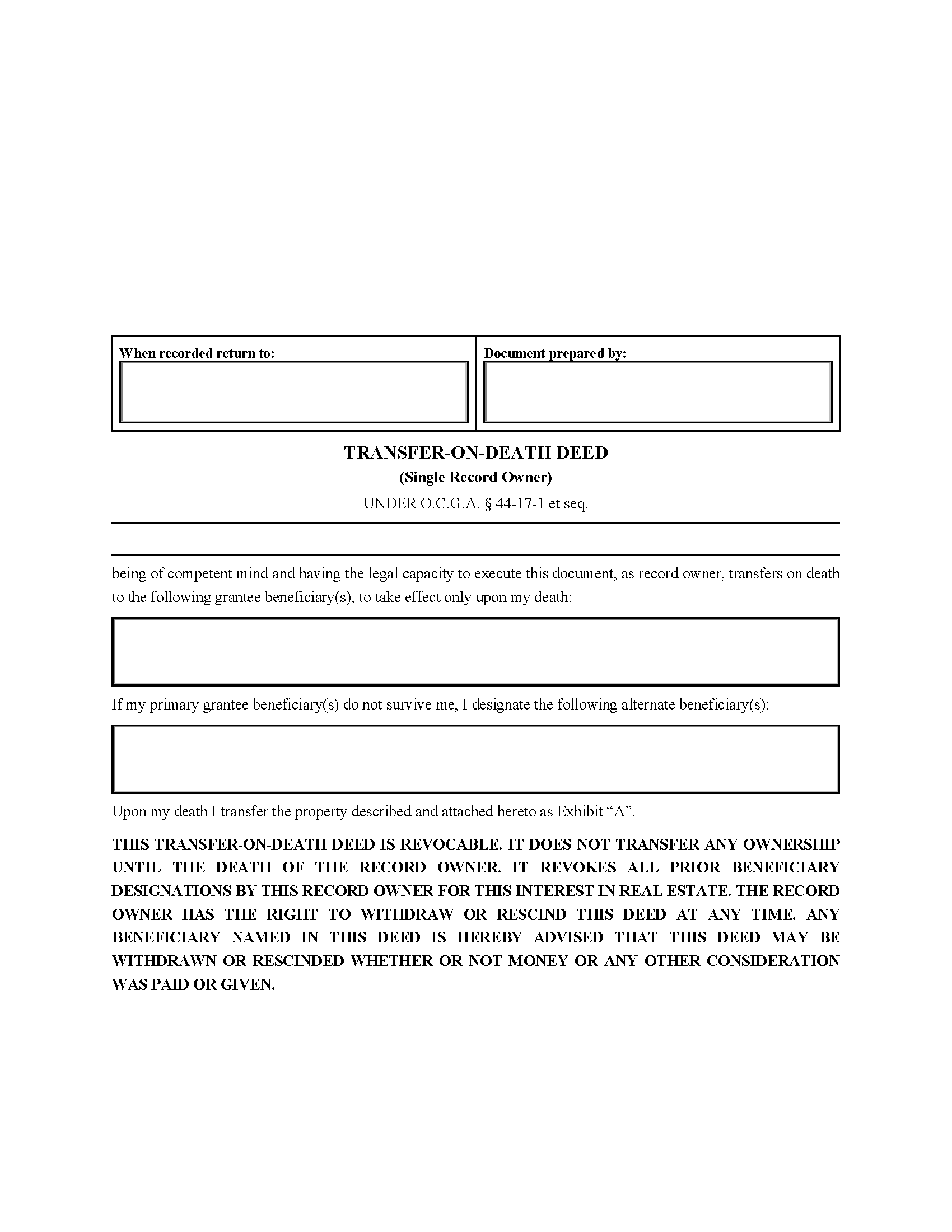 Columbia County Transfer on Death Deed Form