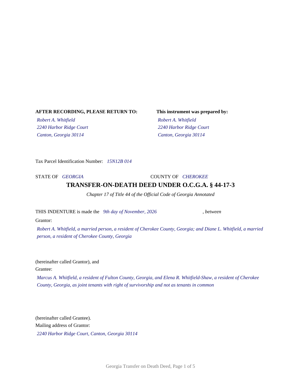Dougherty County Completed Example of the Transfer on Death Deed Document