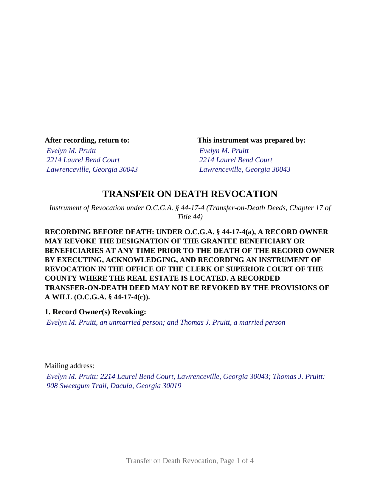 Harris County Completed Example of the Transfer on Death Revocation Document