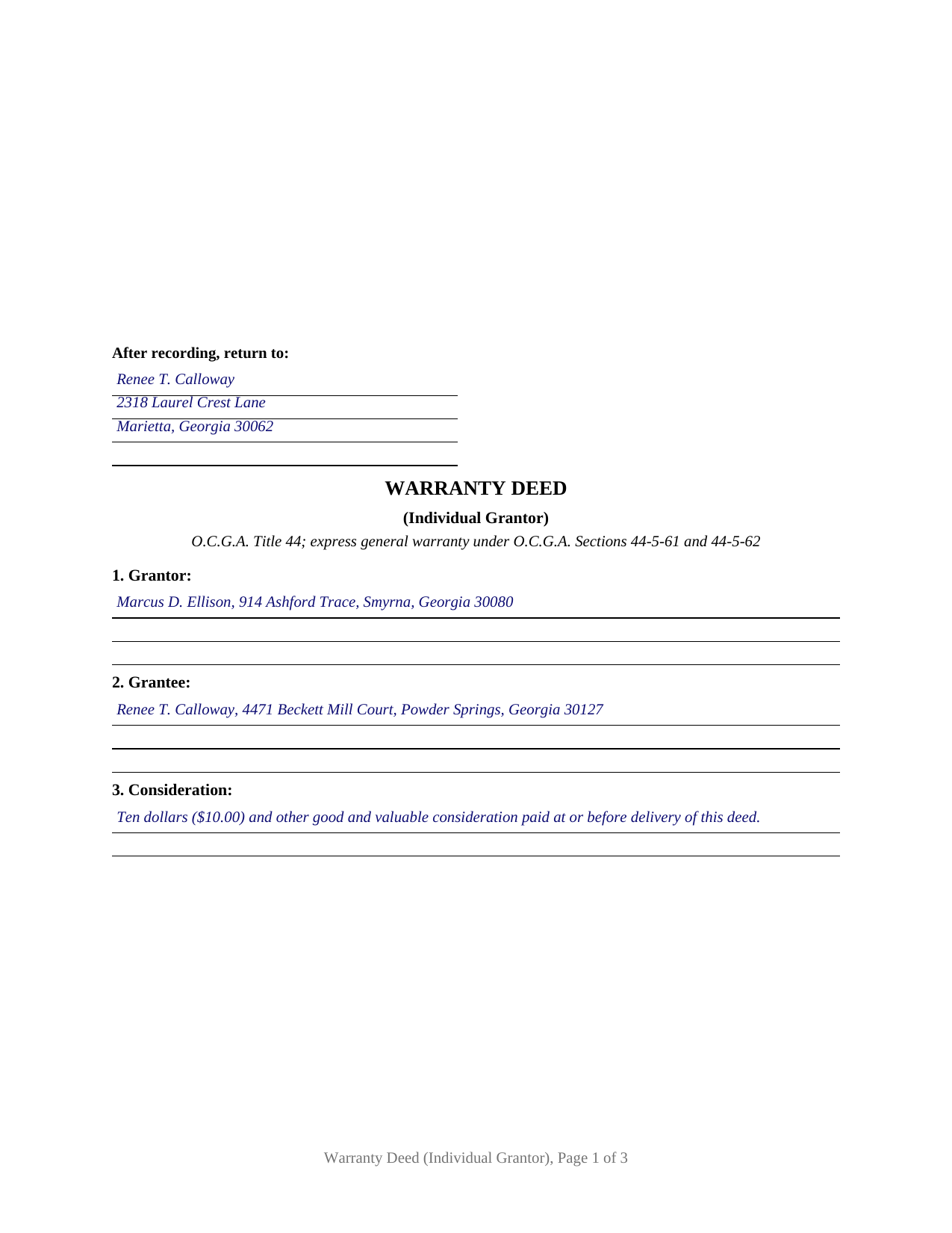 Forsyth County Completed Example of the Warranty Deed (Individual Grantor) Document