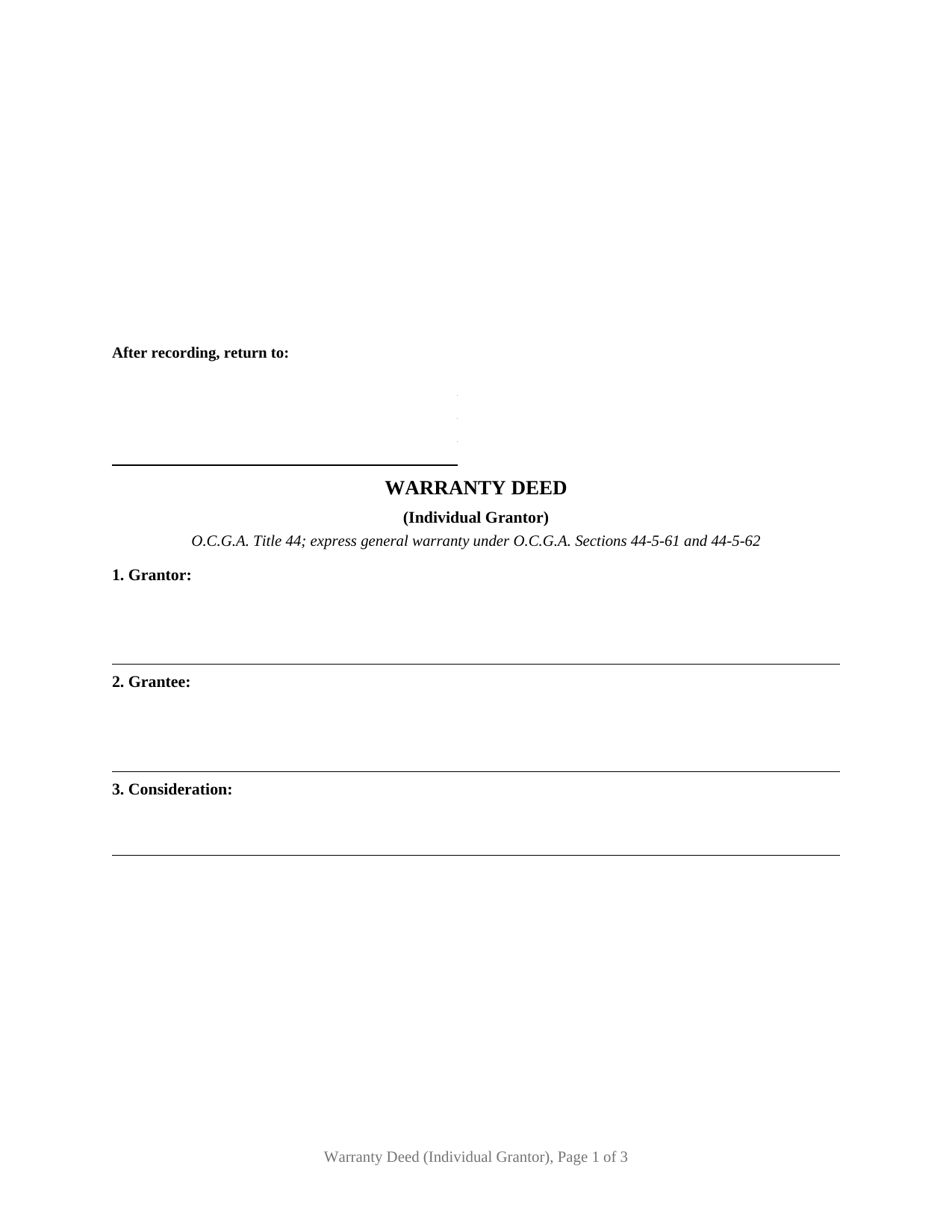 Forsyth County Warranty Deed (Individual Grantor) Form