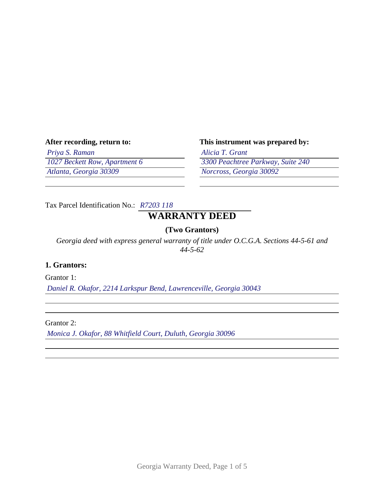 Floyd County Completed Example of the Warranty Deed (Two Grantors) Document