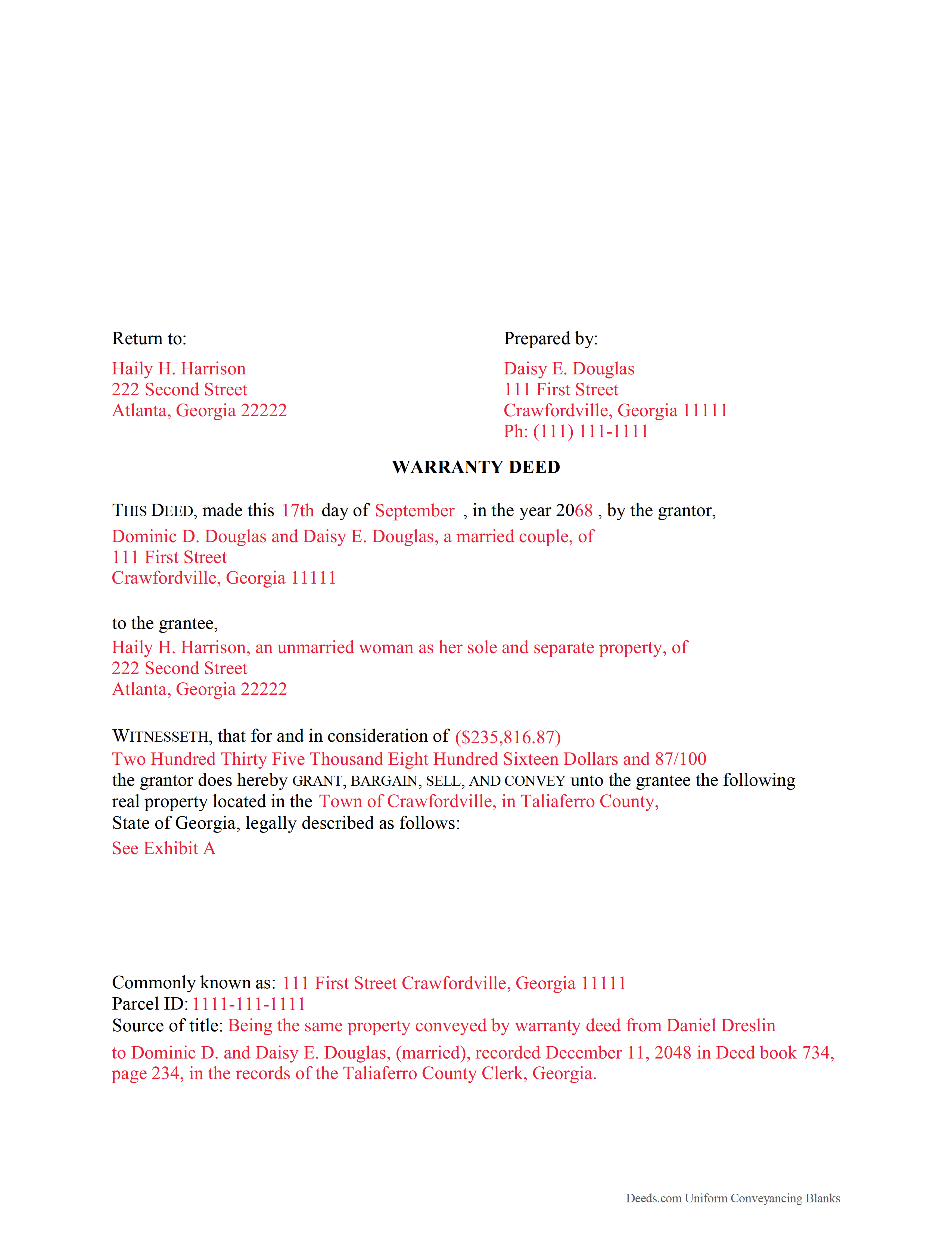 Candler County Completed Example of the Warranty Deed Document