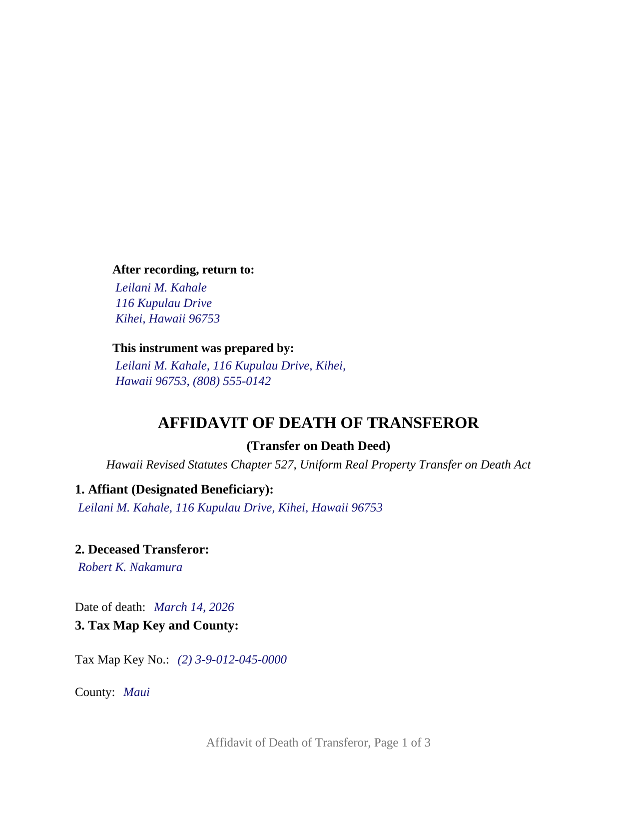 Honolulu County Completed Example of the Affidavit of Death of Transferor (Transfer on Death) Document