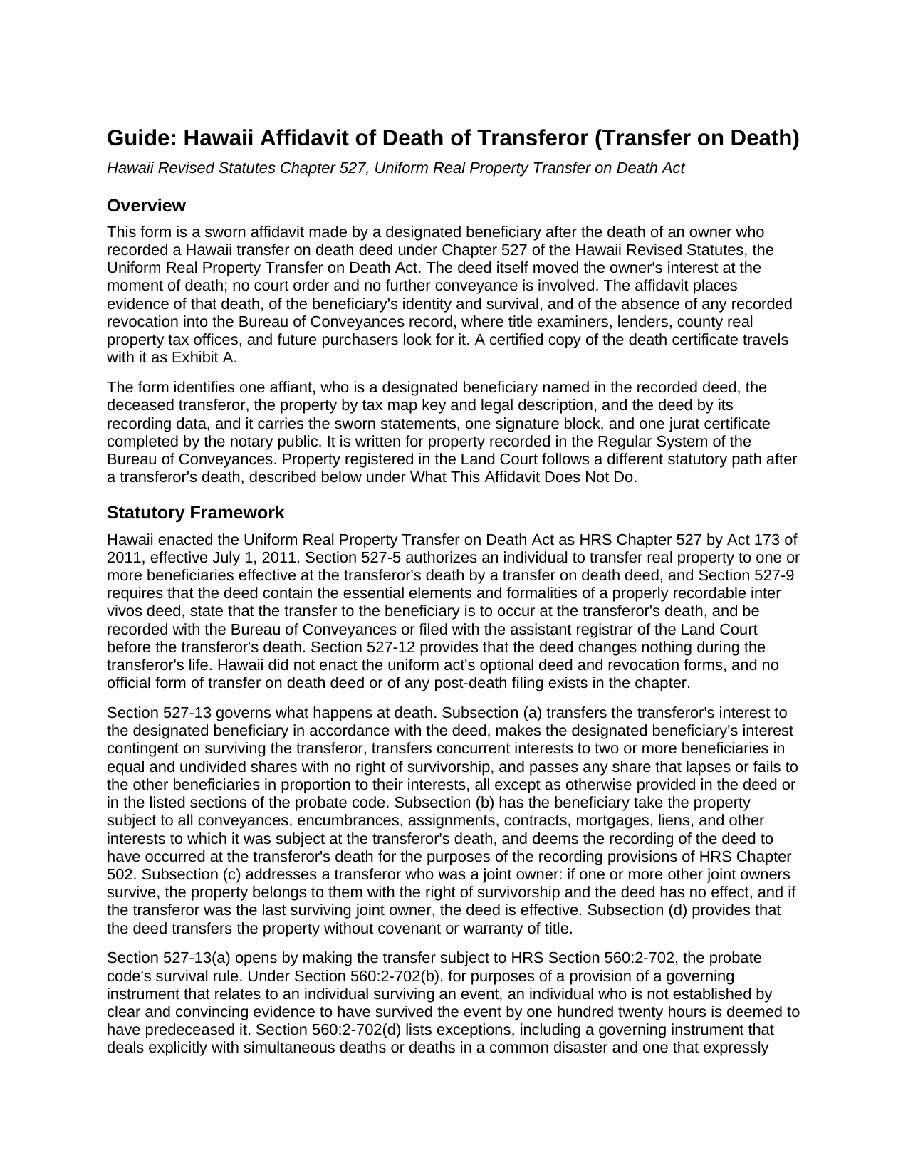 Honolulu County Affidavit of Death of Transferor (Transfer on Death) Guide