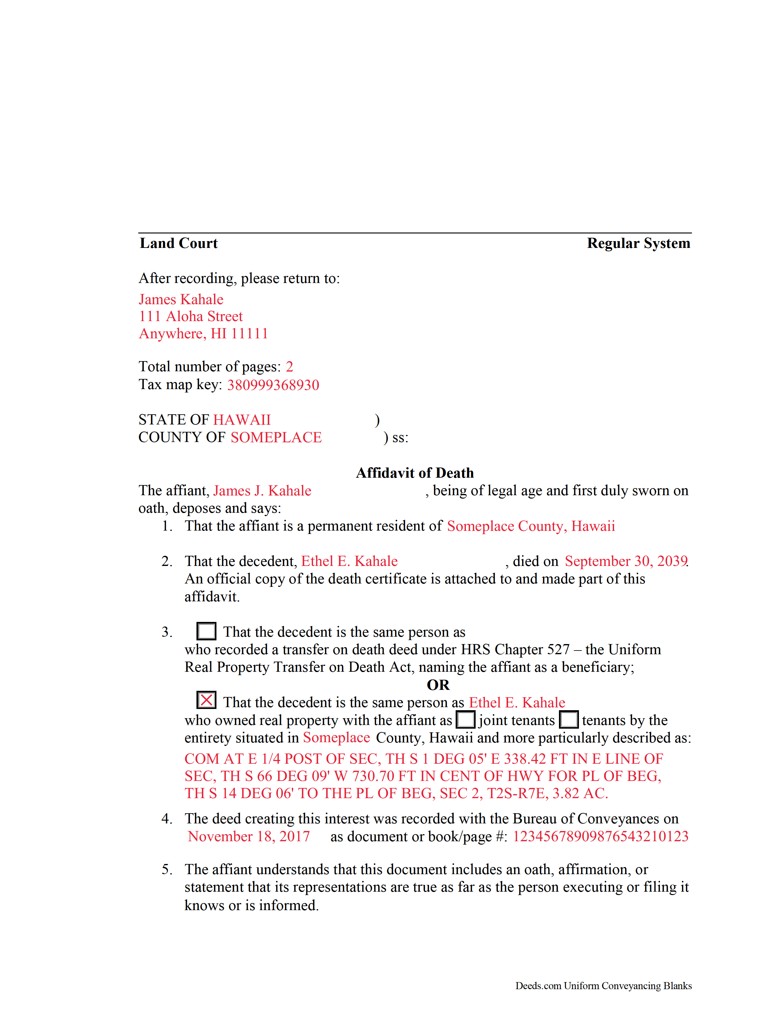 Completed Example of the Affidavit of Death Document