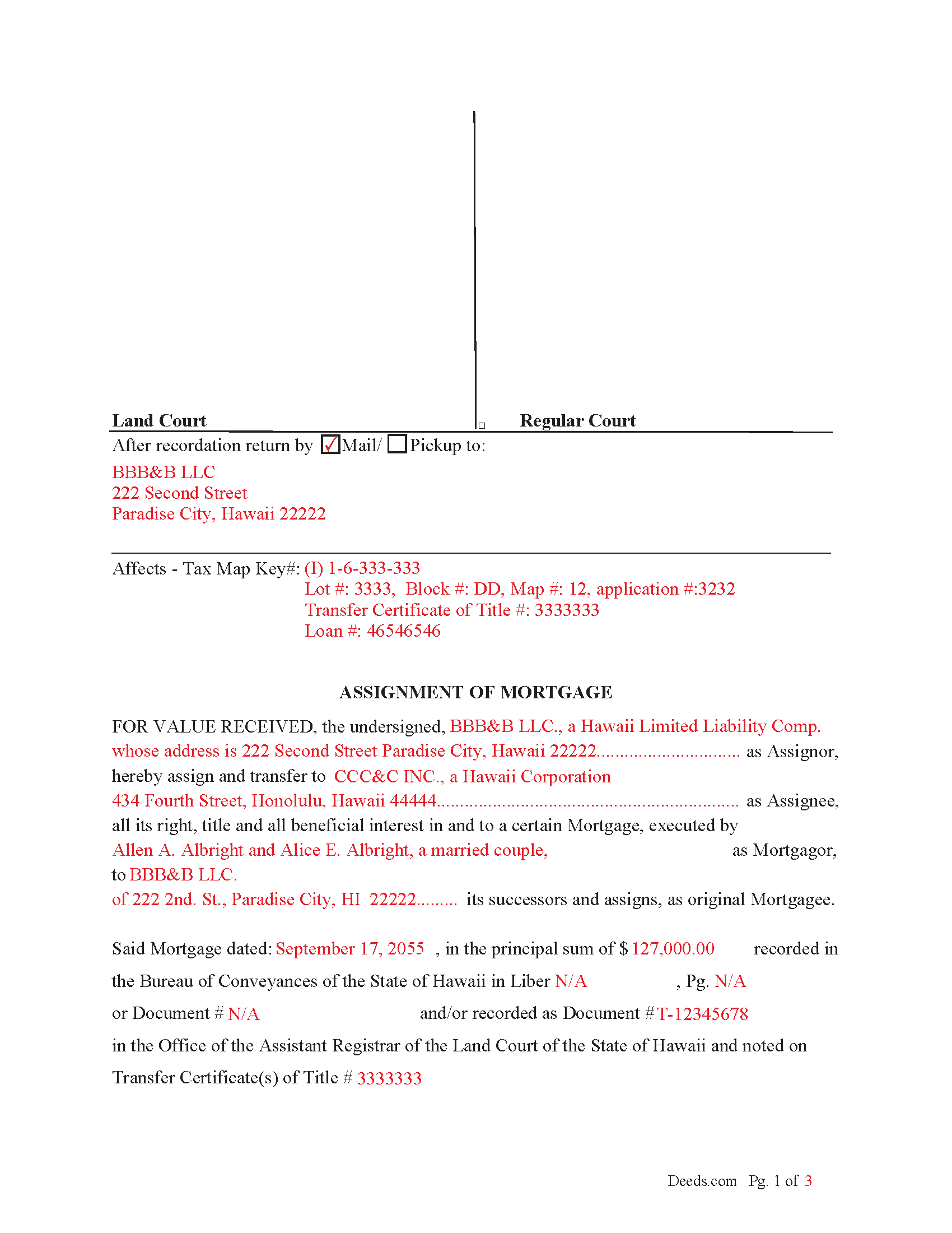 Completed Example of an Assignment of Mortgage Document