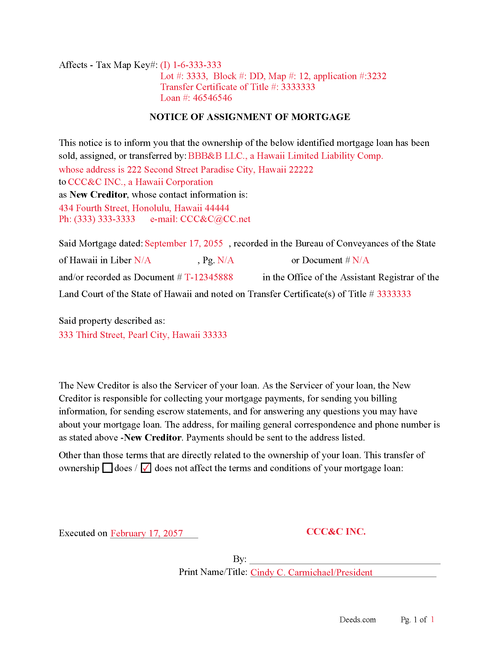 Completed Example-Notice of Assignment of Mortgage