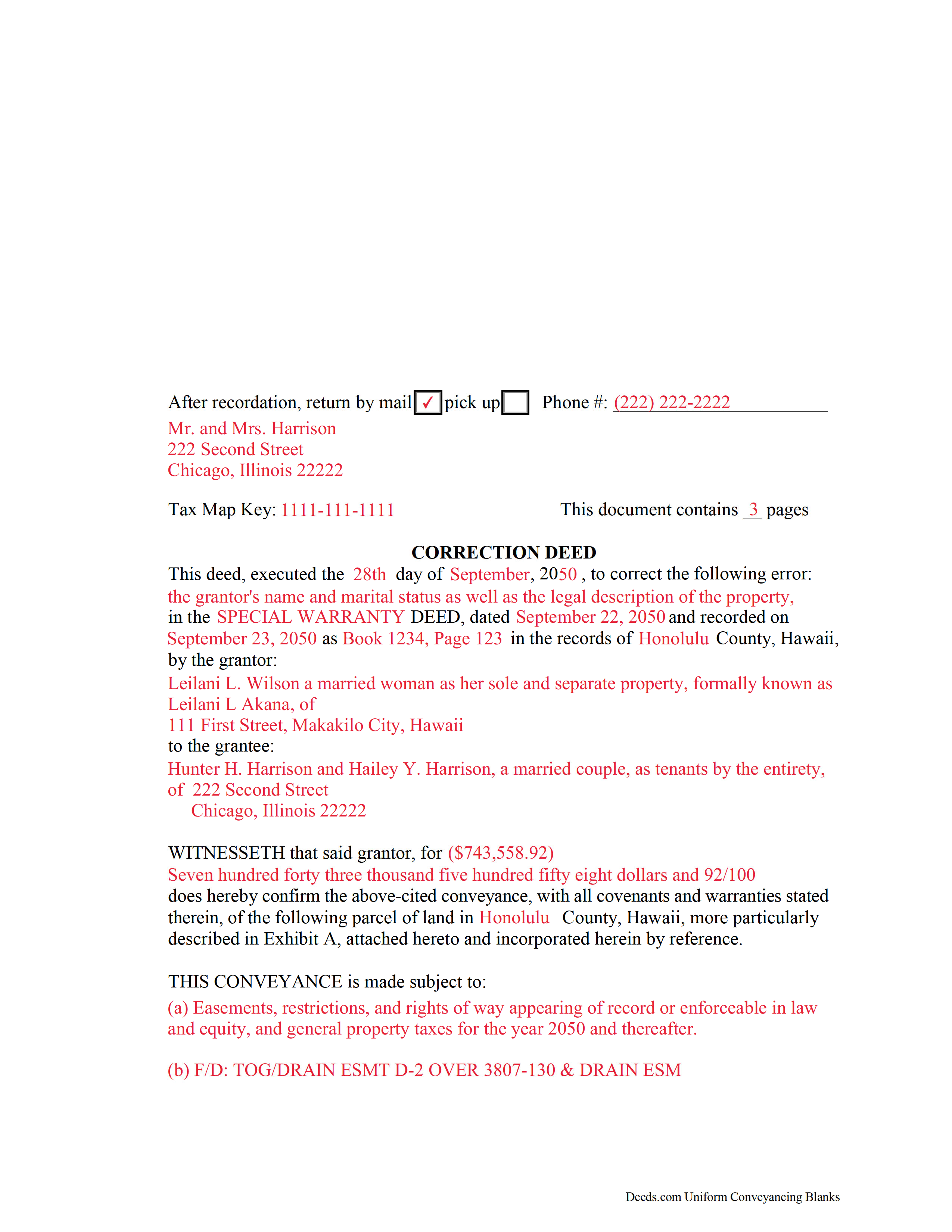 Maui County Completed Example of the Correction Deed Document