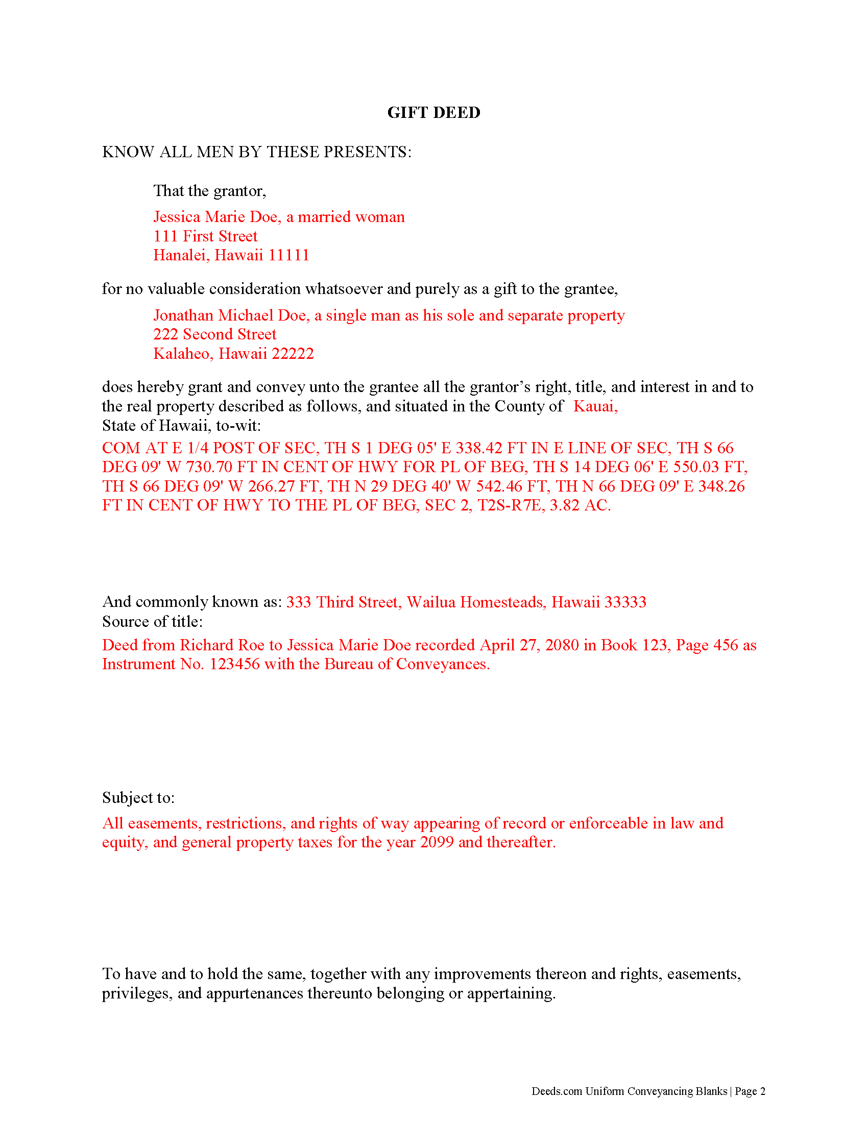Maui County Completed Example of the Gift Deed Document
