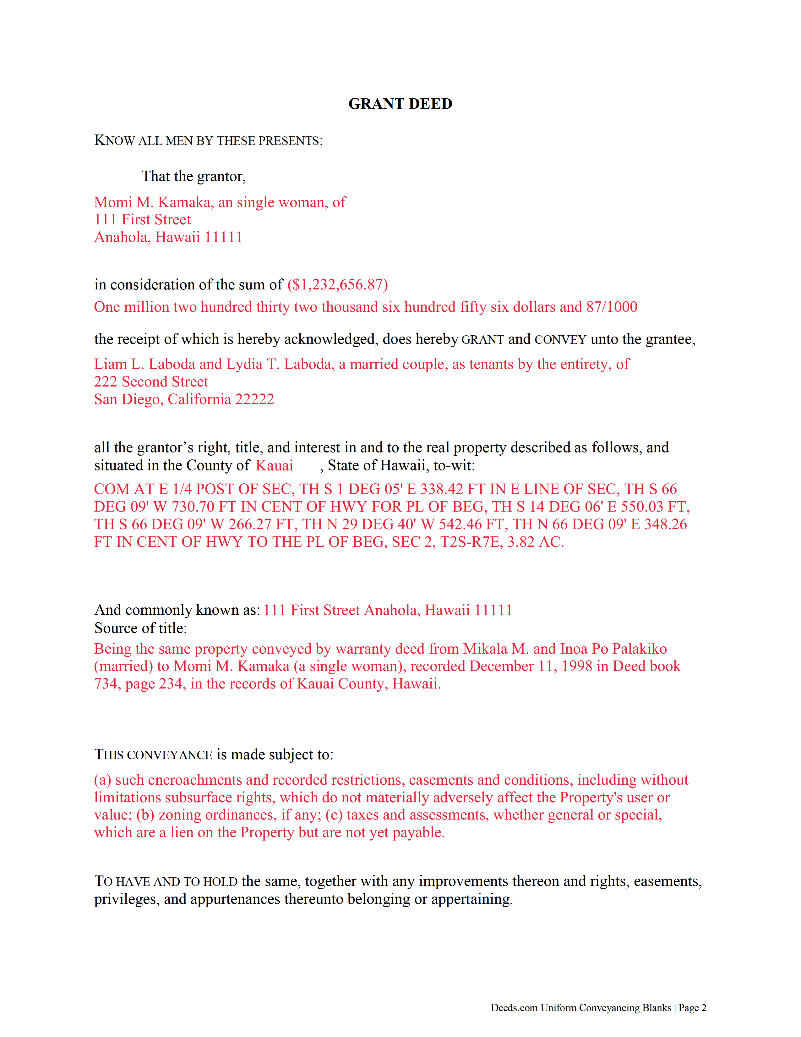 Kauai County Completed Example of the Grant Deed Document