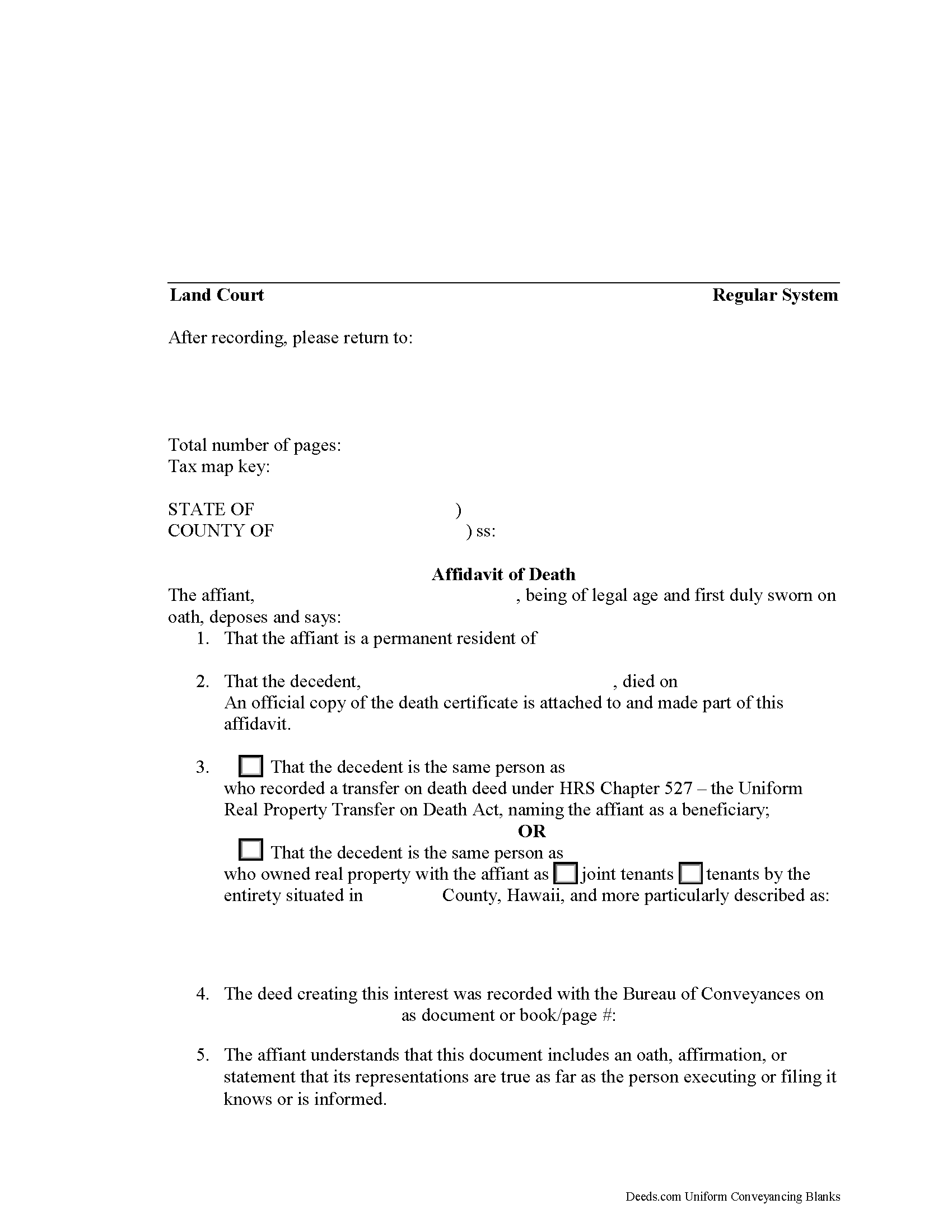 Hawaii Affidavit of Death Image