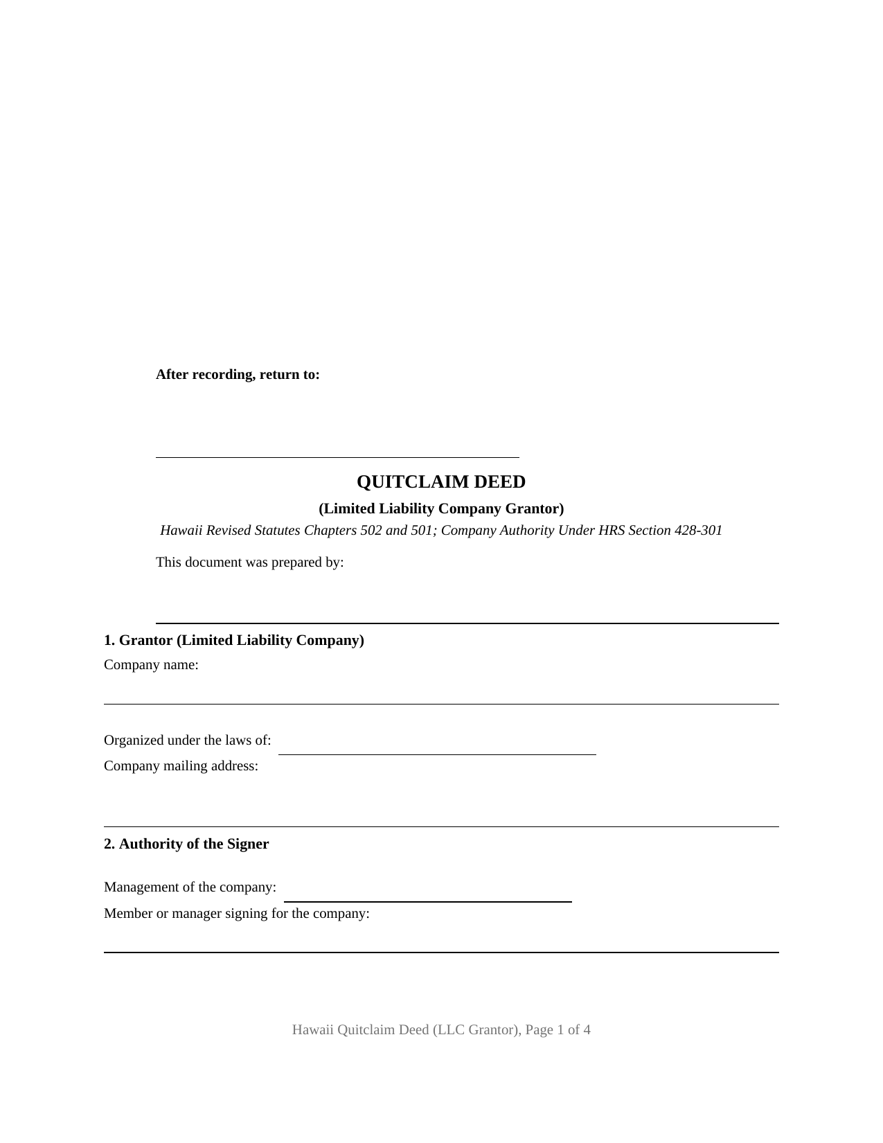 Hawaii Quitclaim Deed (LLC Grantor)