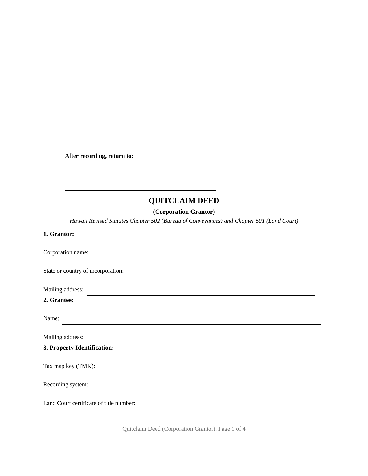Hawaii Quitclaim Deed (Corporation Grantor)