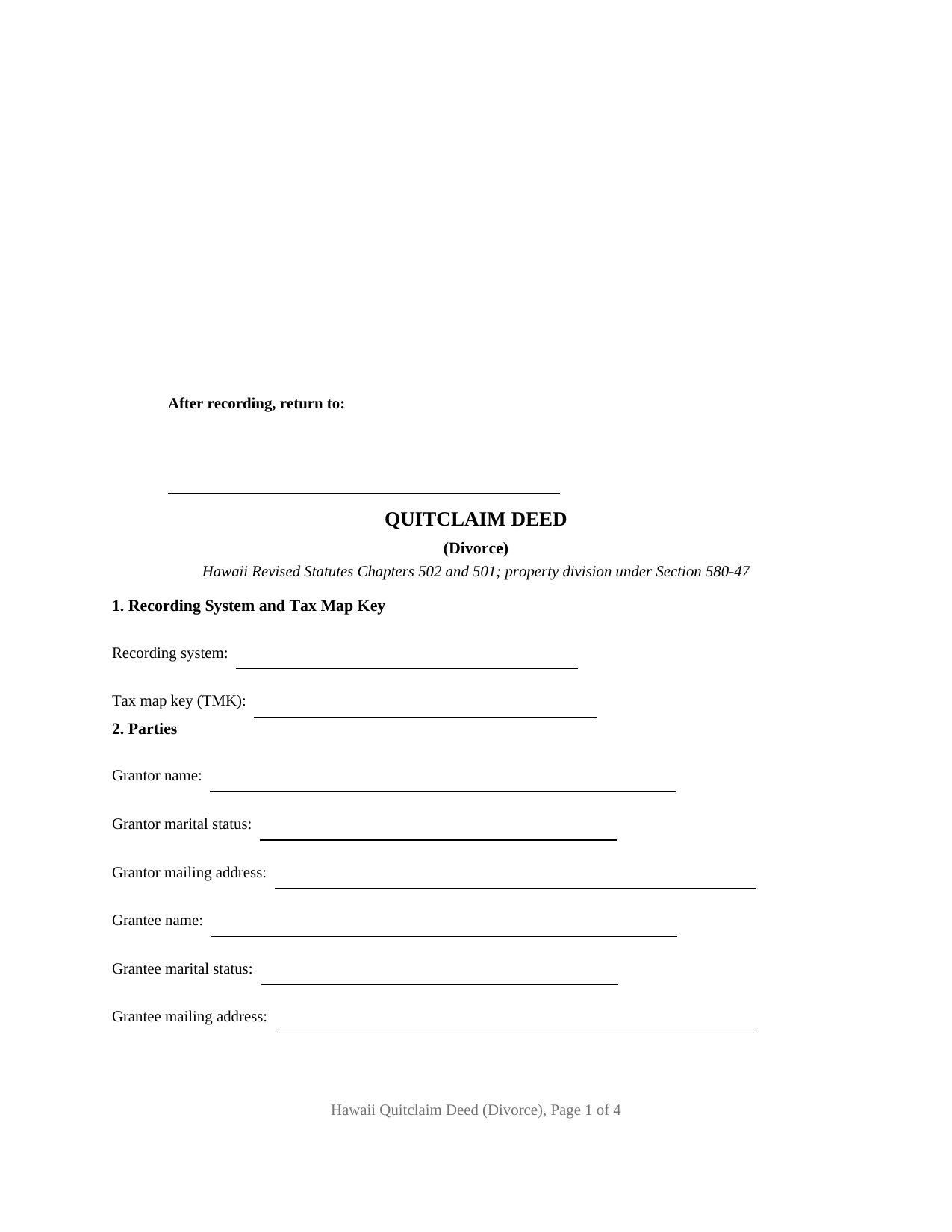 Hawaii Quitclaim Deed (Divorce)