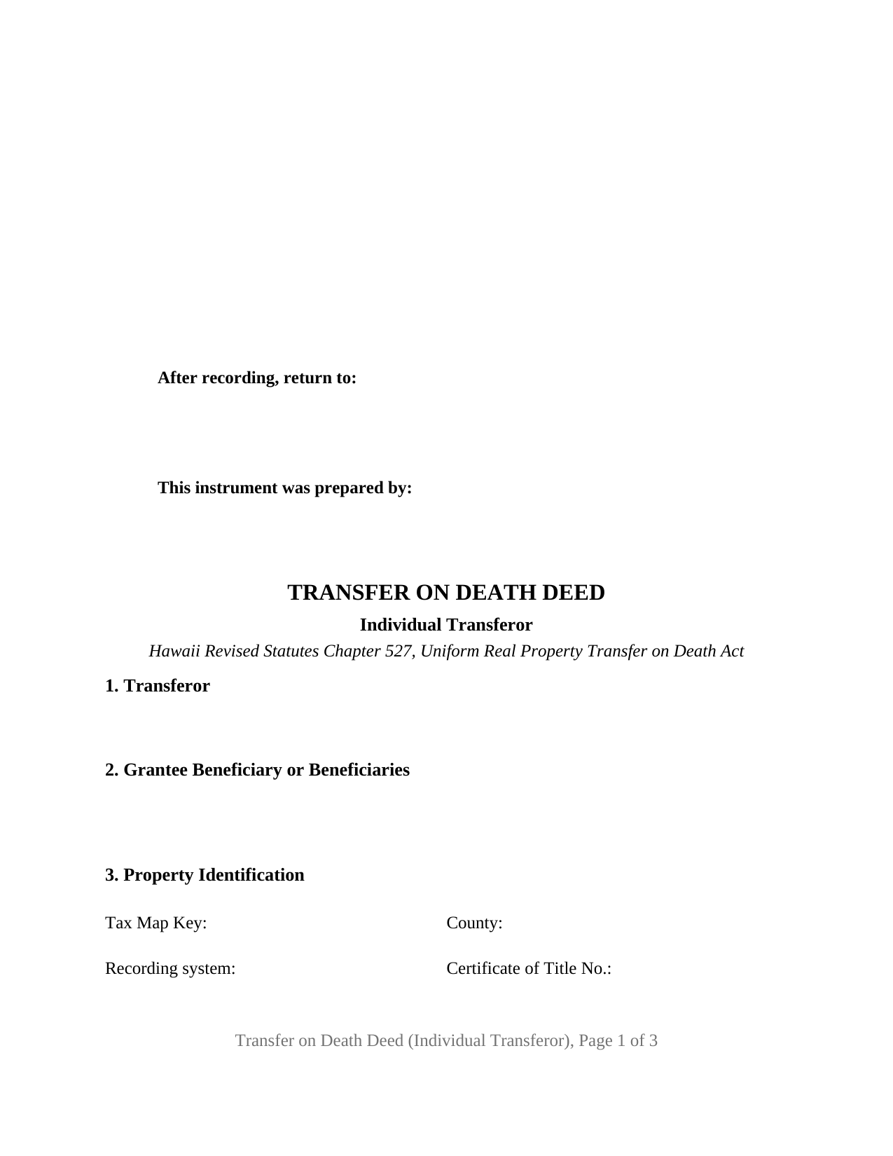 Hawaii Transfer on Death Deed (Individual Transferor)
