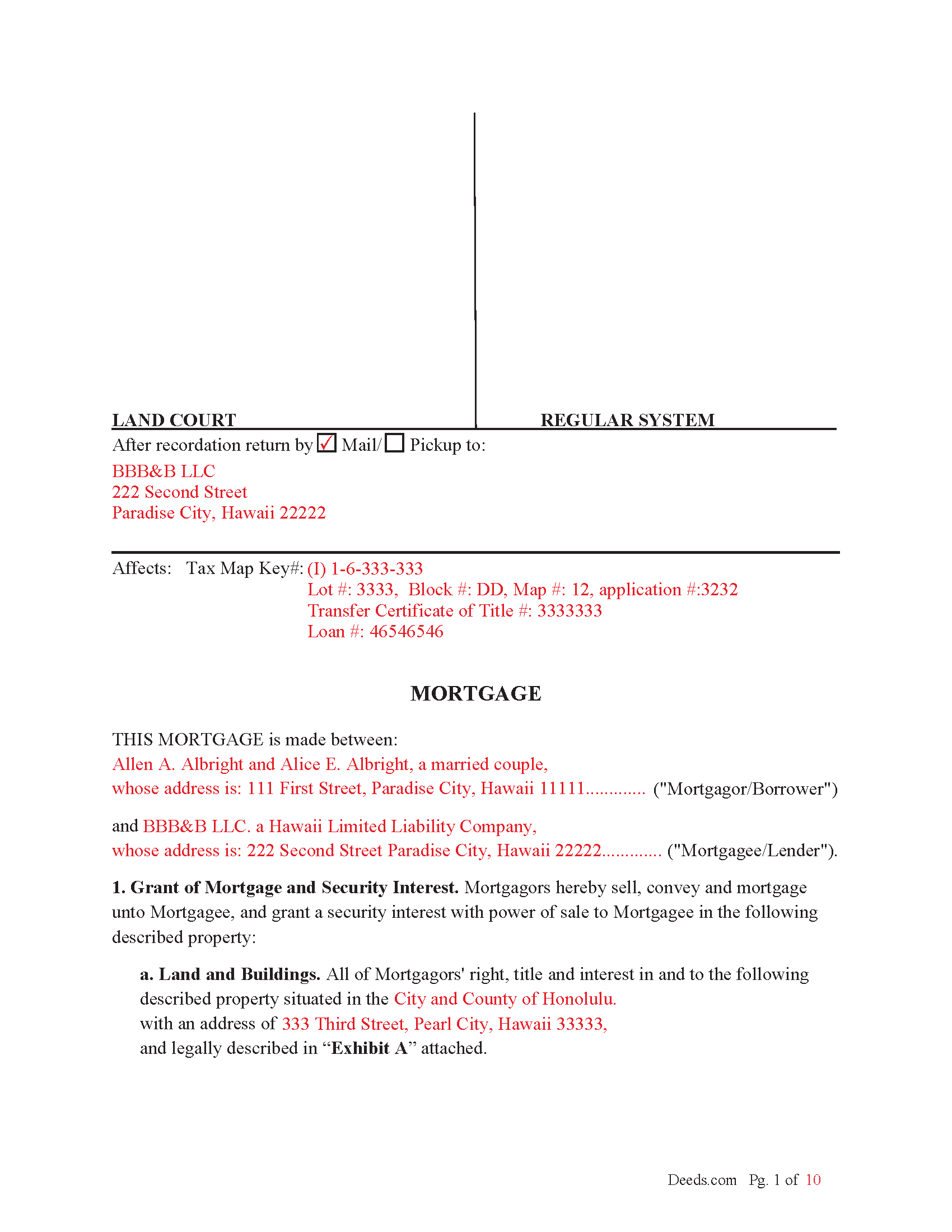 Honolulu County Completed Example of the Mortgage Document