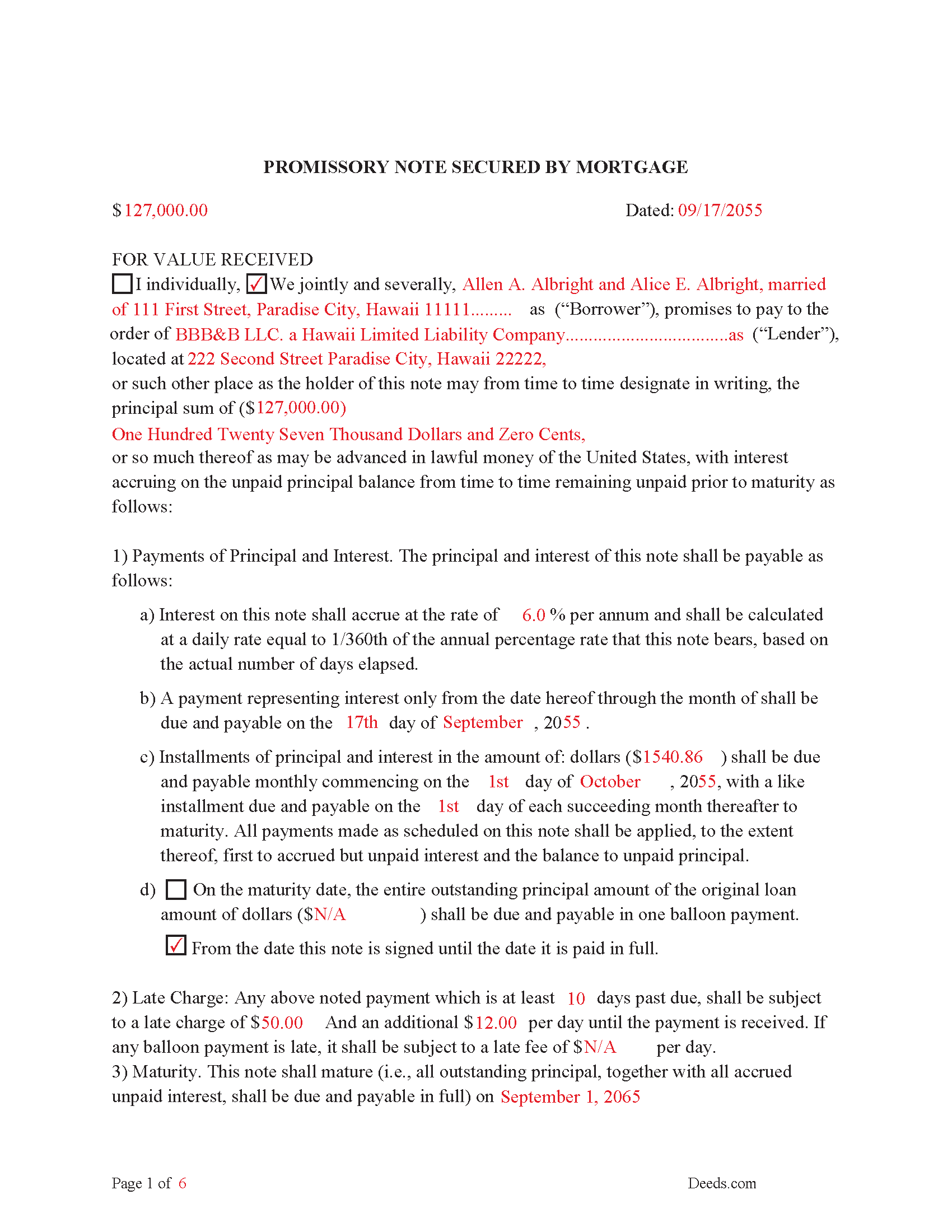 Completed Example of a Promissory Note Document