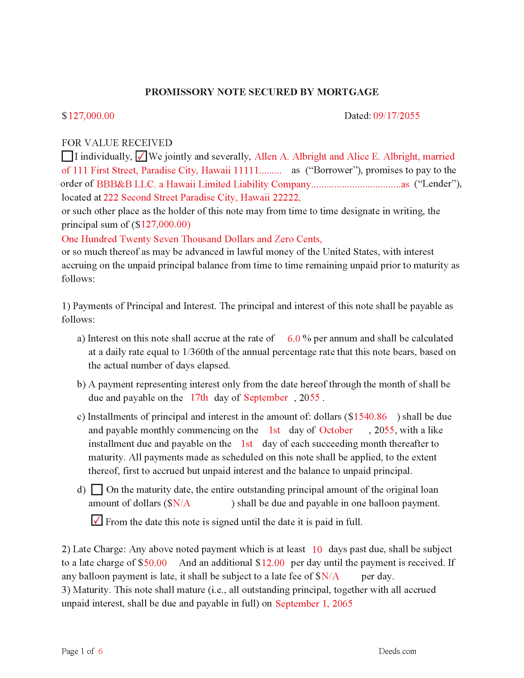 Honolulu County Completed Example of a Promissory Note Document