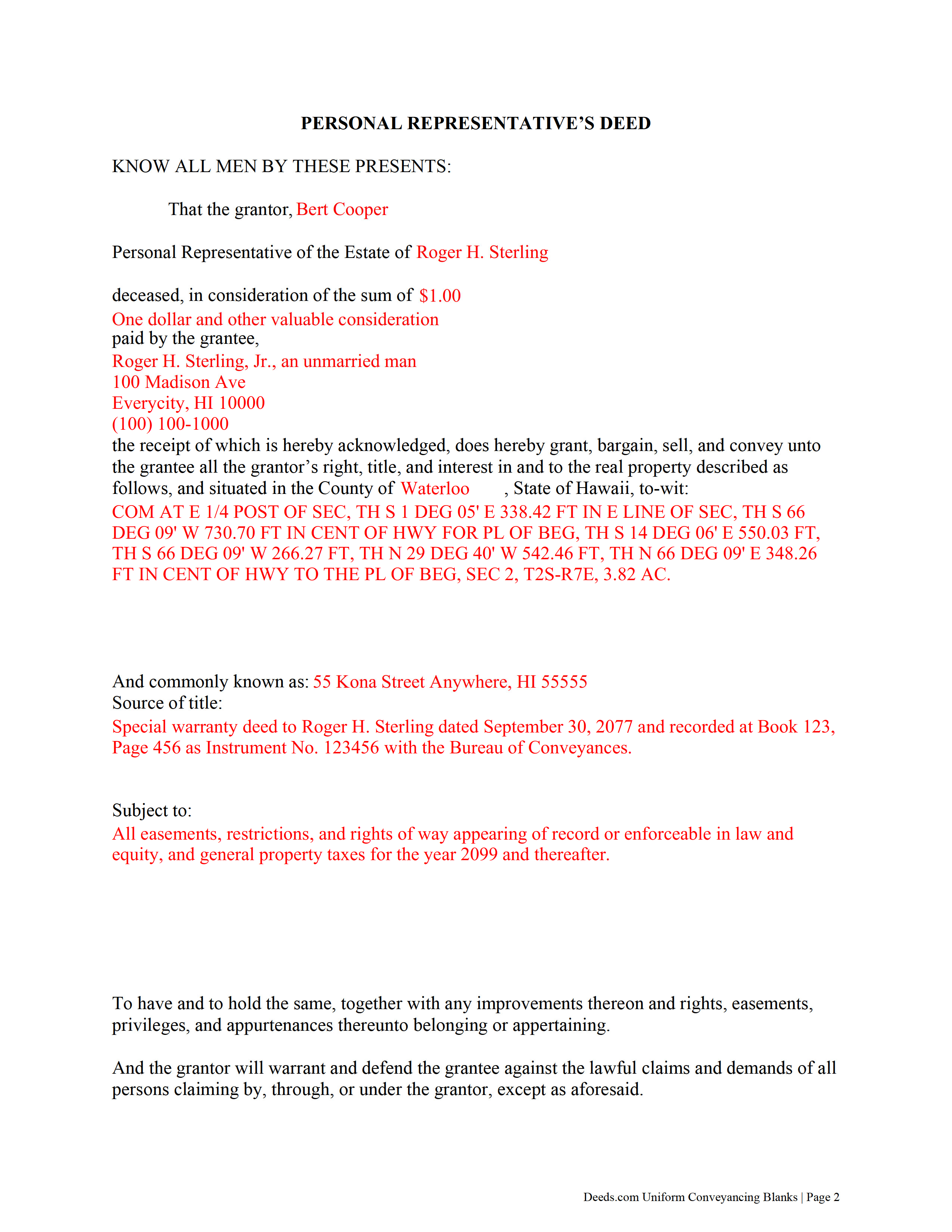 Maui County Completed Example of the Personal Representative Deed Document