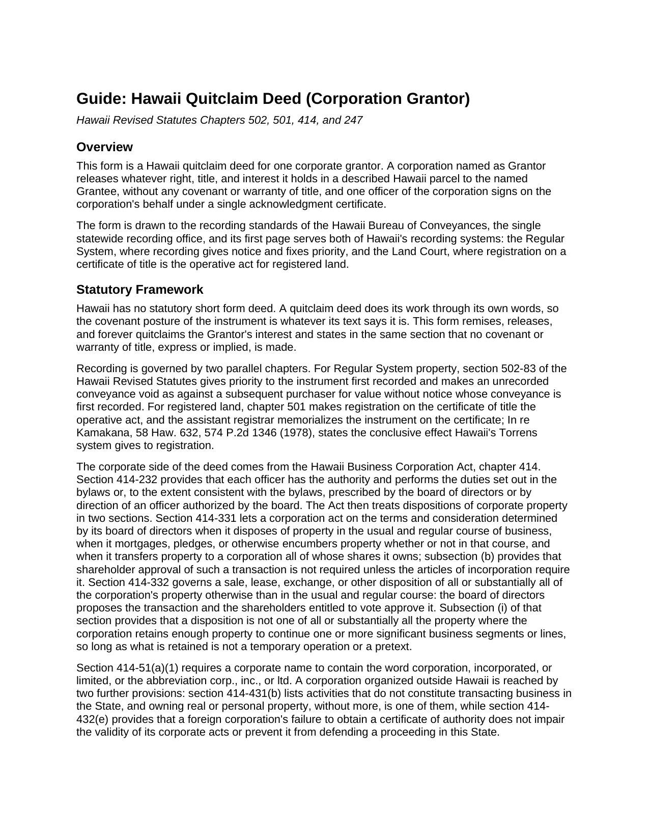 Maui County Quitclaim Deed (Corporation Grantor) Guide