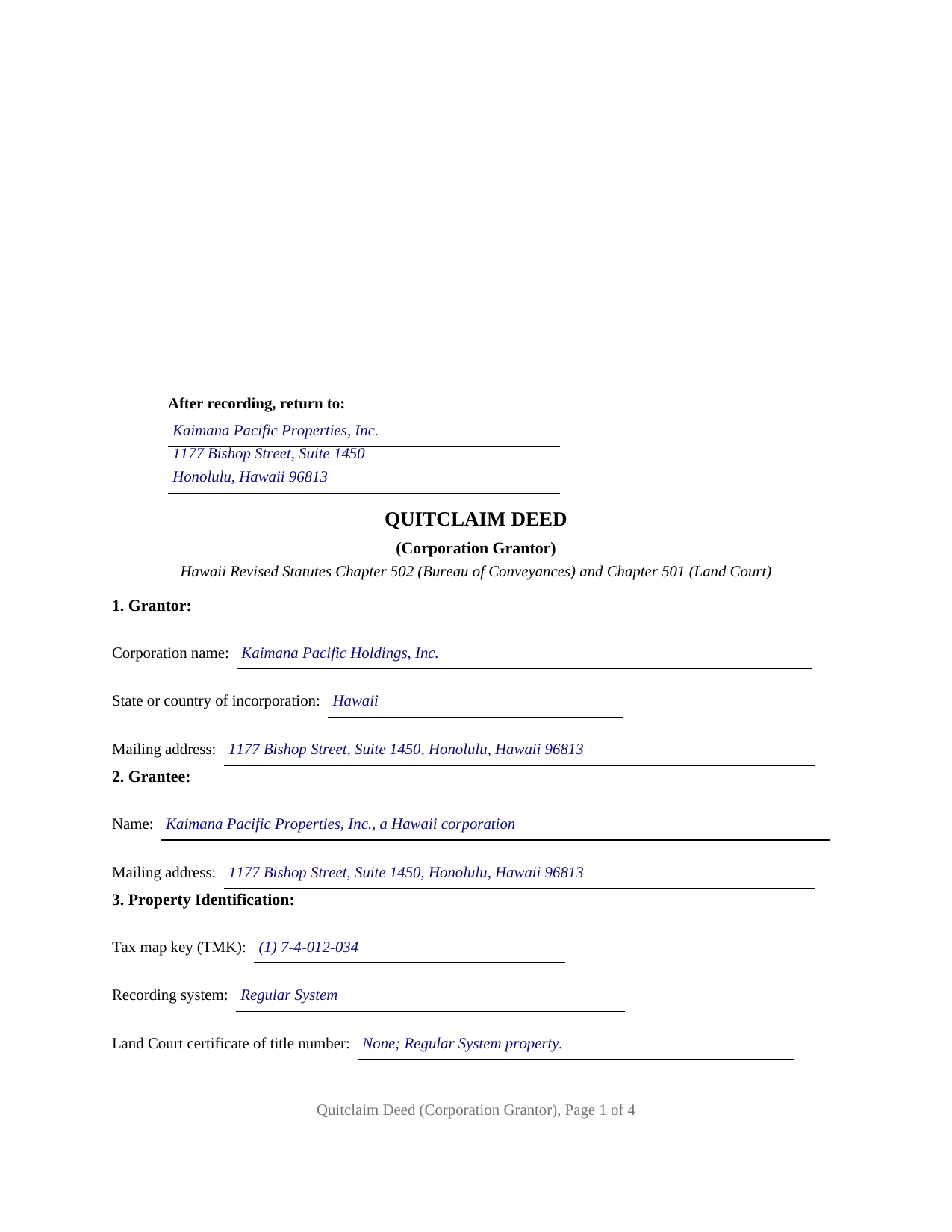 Maui County Completed Example of the Quitclaim Deed (Corporation Grantor) Document