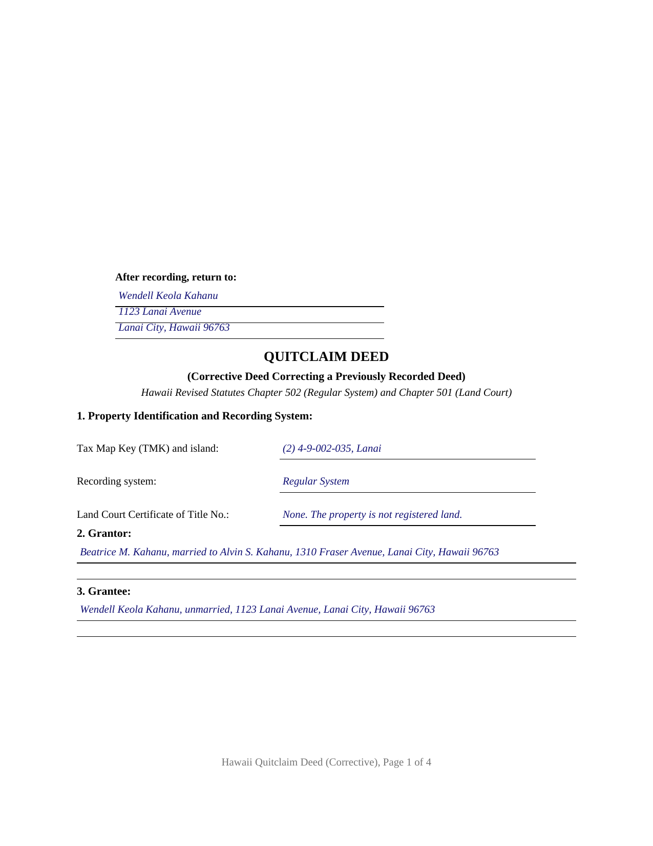 Kauai County Completed Example of the Quitclaim Deed (Corrective) Document