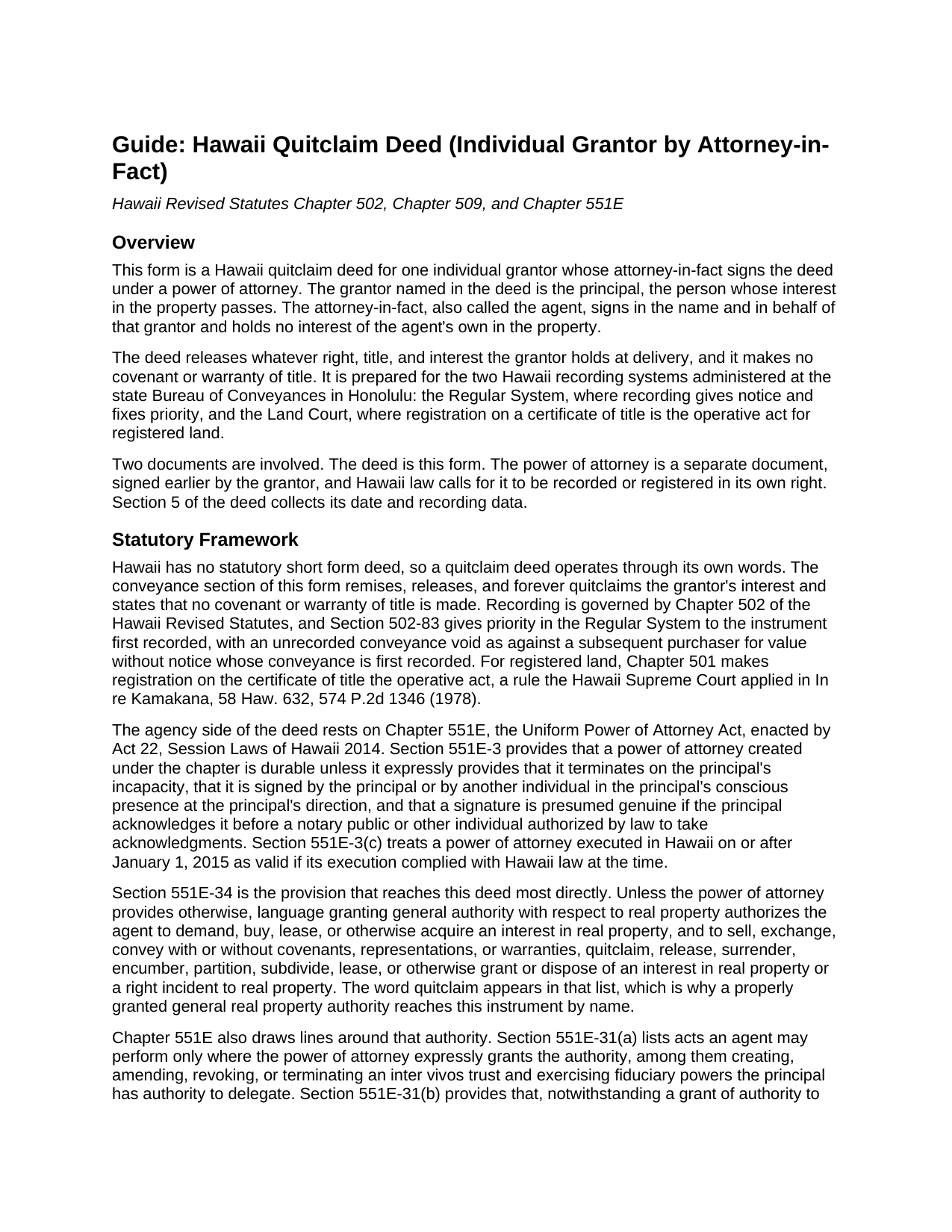 Honolulu County Quitclaim Deed (Individual Grantor by Attorney-in-Fact) Guide