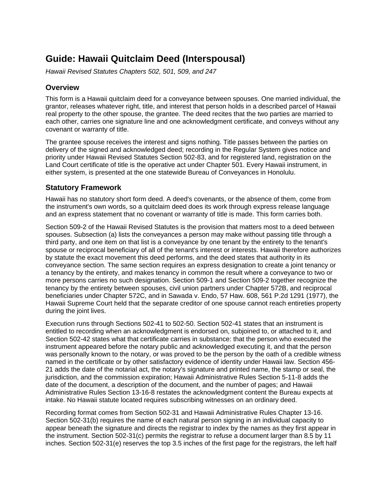Kauai County Quitclaim Deed (Interspousal) Guide