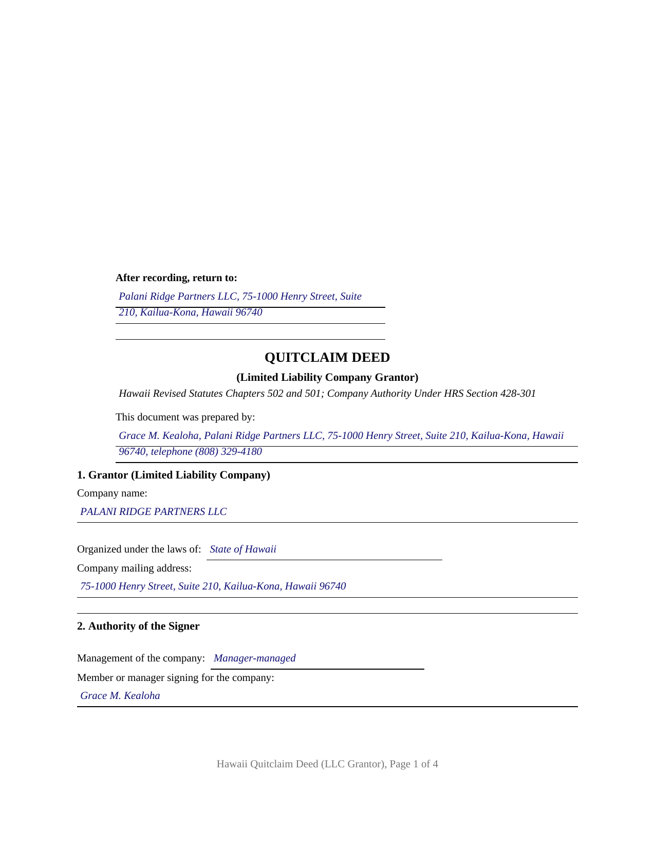 Kauai County Completed Example of the Quitclaim Deed (LLC Grantor) Document