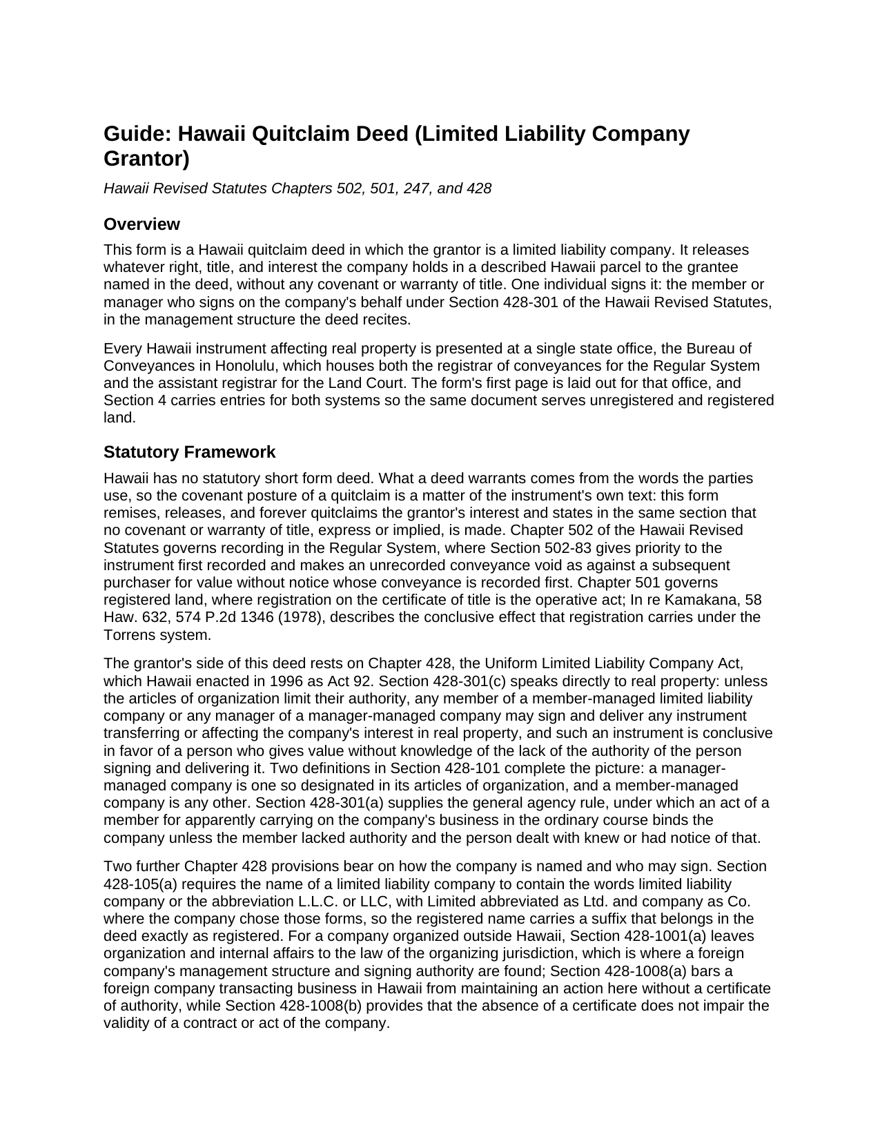 Kauai County Quitclaim Deed (LLC Grantor) Guide