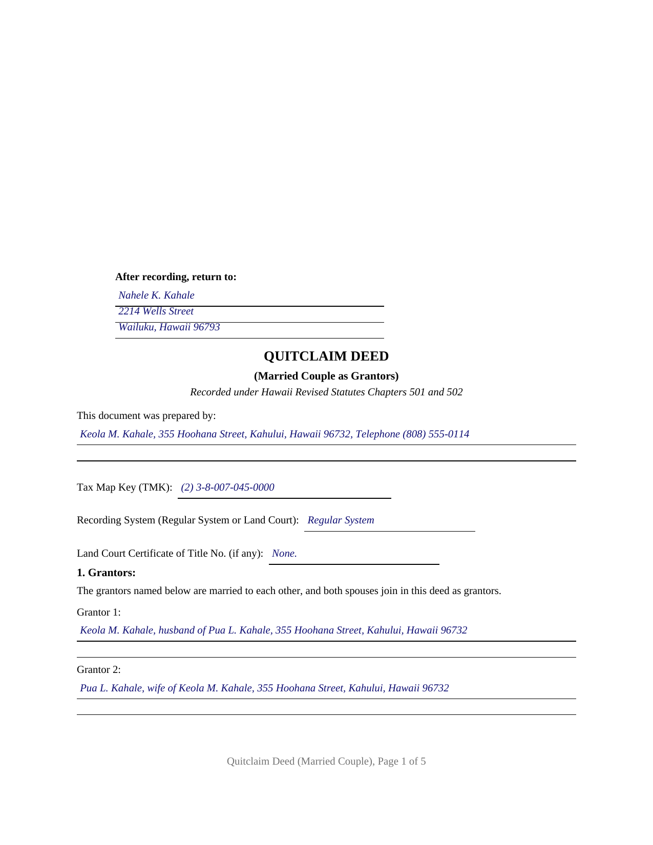 Honolulu County Completed Example of the Quitclaim Deed (Married Couple as Grantors) Document