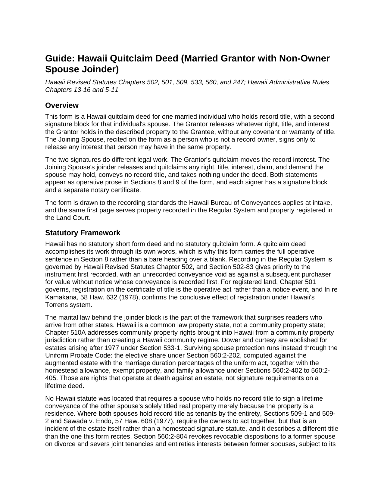 Honolulu County Quitclaim Deed (Married Grantor with Non-Owner Spouse Joinder) Guide