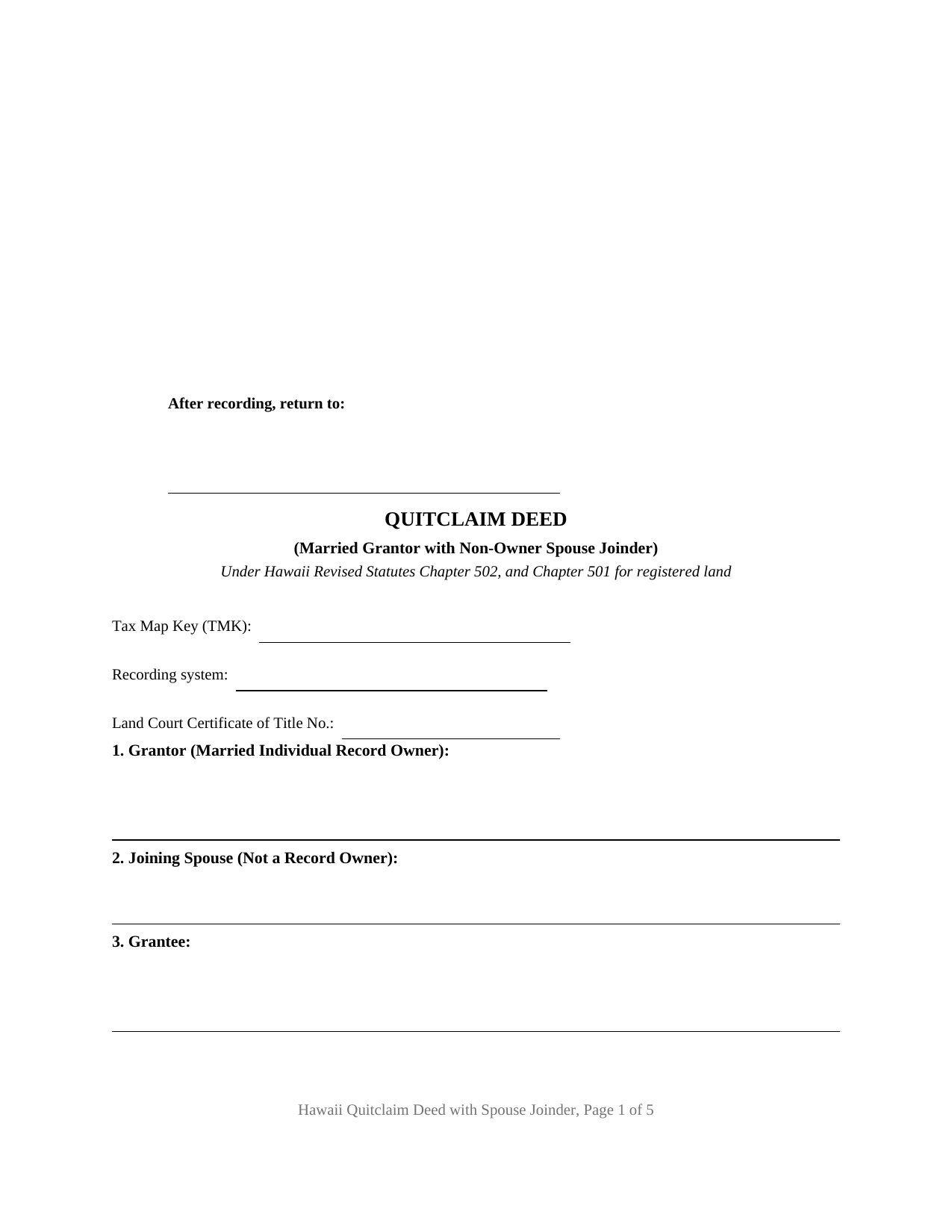 Honolulu County Quitclaim Deed (Married Grantor with Non-Owner Spouse Joinder) Form
